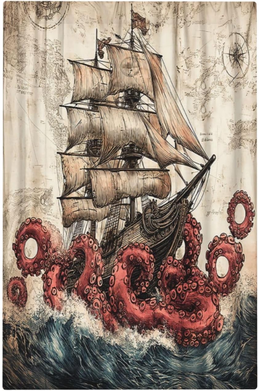 Light Switch Cover Plate Vintage Octopus Ocean Sailboat Bizarre Adventure 1 Gang No Device Blank Electrical Wall Plates Faceplate Decorative Switch Plate for Bathroom Kids room Decor