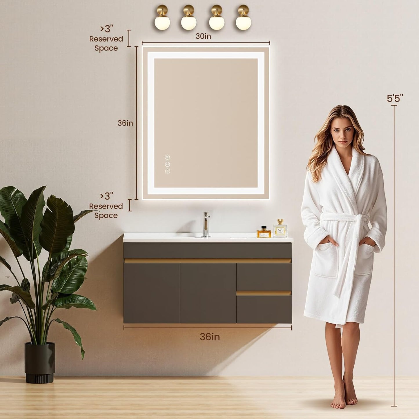 30X36 LED Bathroom Mirror with Lights, Anti-Fog, Backlit + Front Lit, Lighted Bathroom Vanity Mirror for Wall, Memory Function, Dimmable, Tempered Glass, Shatter-Proof