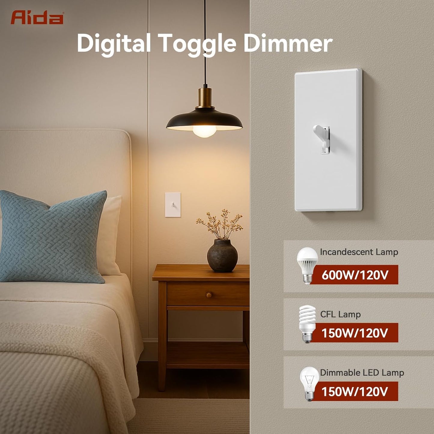 AIDA Digital Toggle Dimmer Switch for Dimmable LED, CFL & Incandescent Bulbs, Single Pole/3-Way, Screwless Wall Plate Included, UL Listed, No Neutral Wire Needed, Matte White (1 Pack)