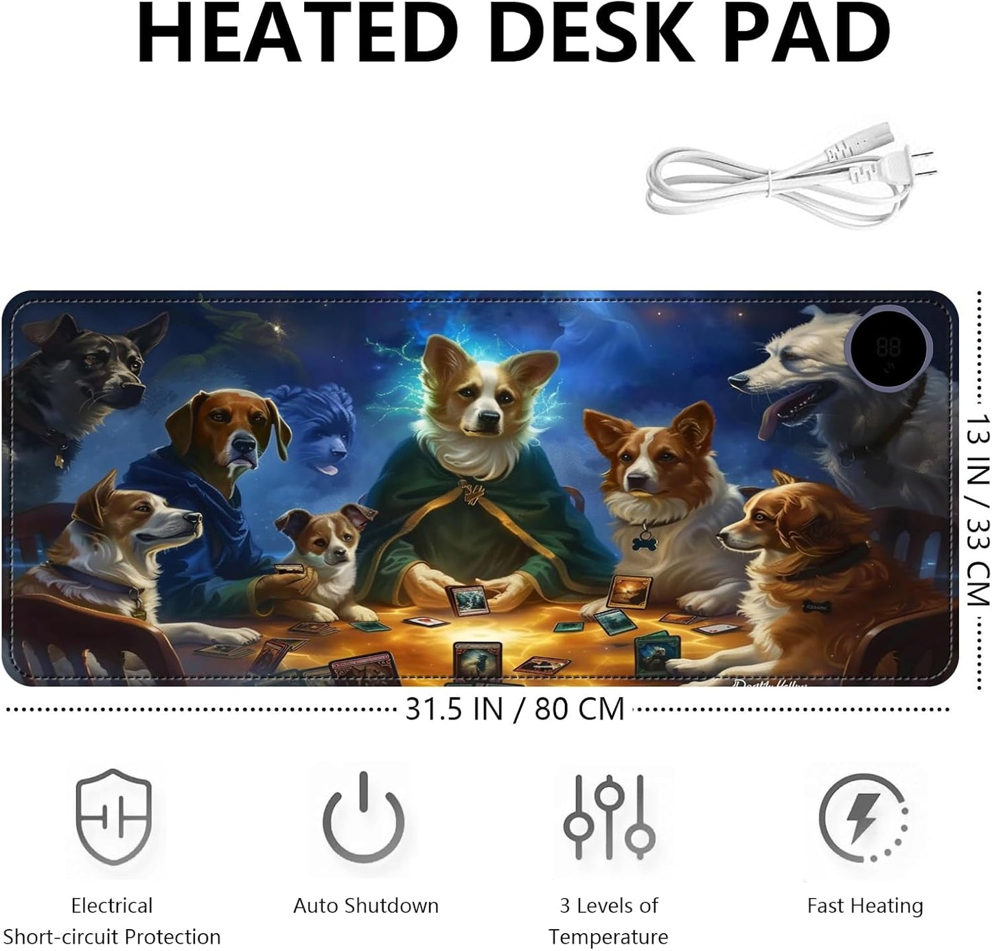 Heated Mouse Pad with 3 Levels Heated & 3 Hours Auto Shut-Off Mouse Pad for Warming Hands in Office Home, 31.5" x 13"Large Safe Desk Mat Hand Warmer，Dog Cards