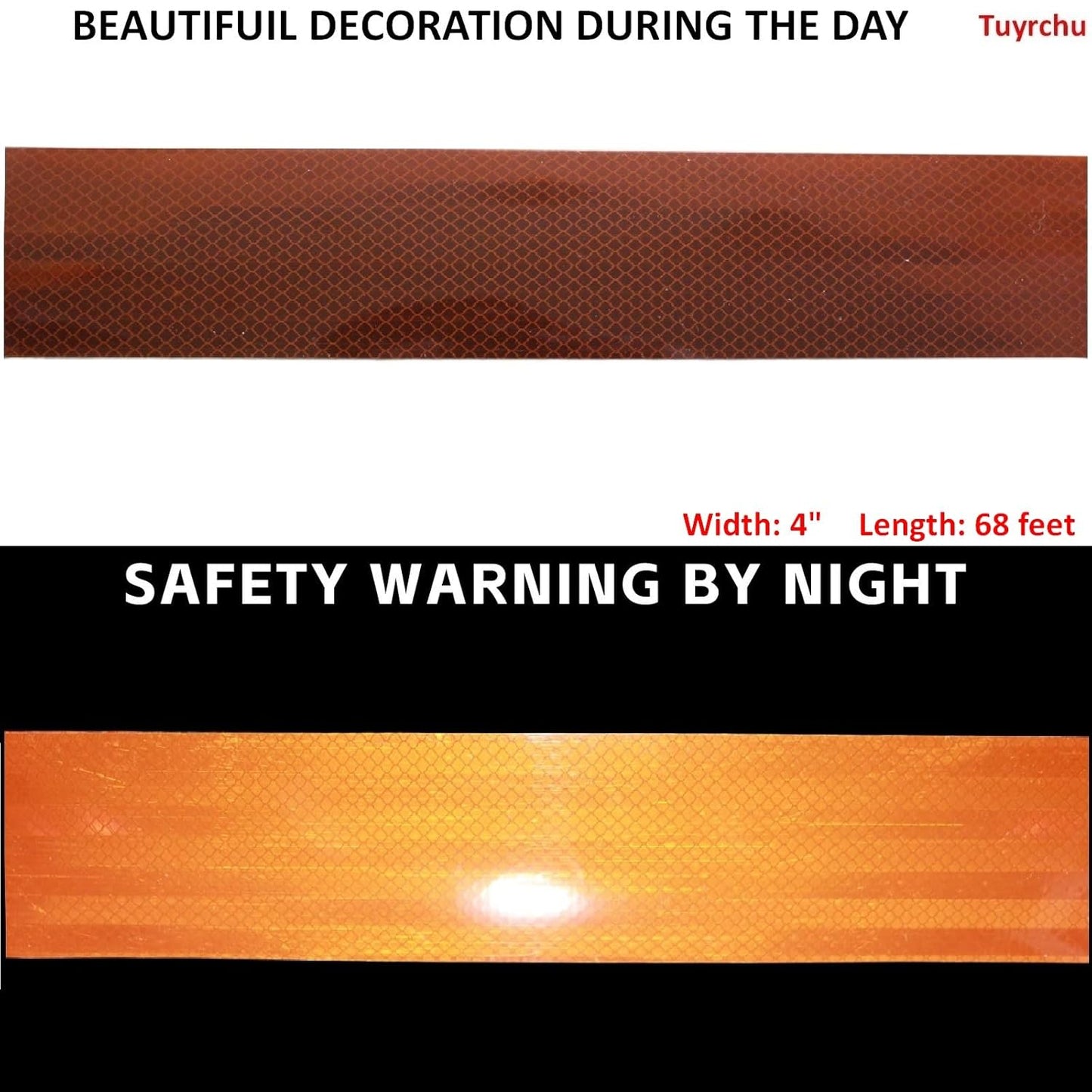 Non Fading Brown Reflective Tape Outdoor Waterproof 4 inch, High Visibility Warning Industrial Marking Tape, Safety Stickers (68 feet)