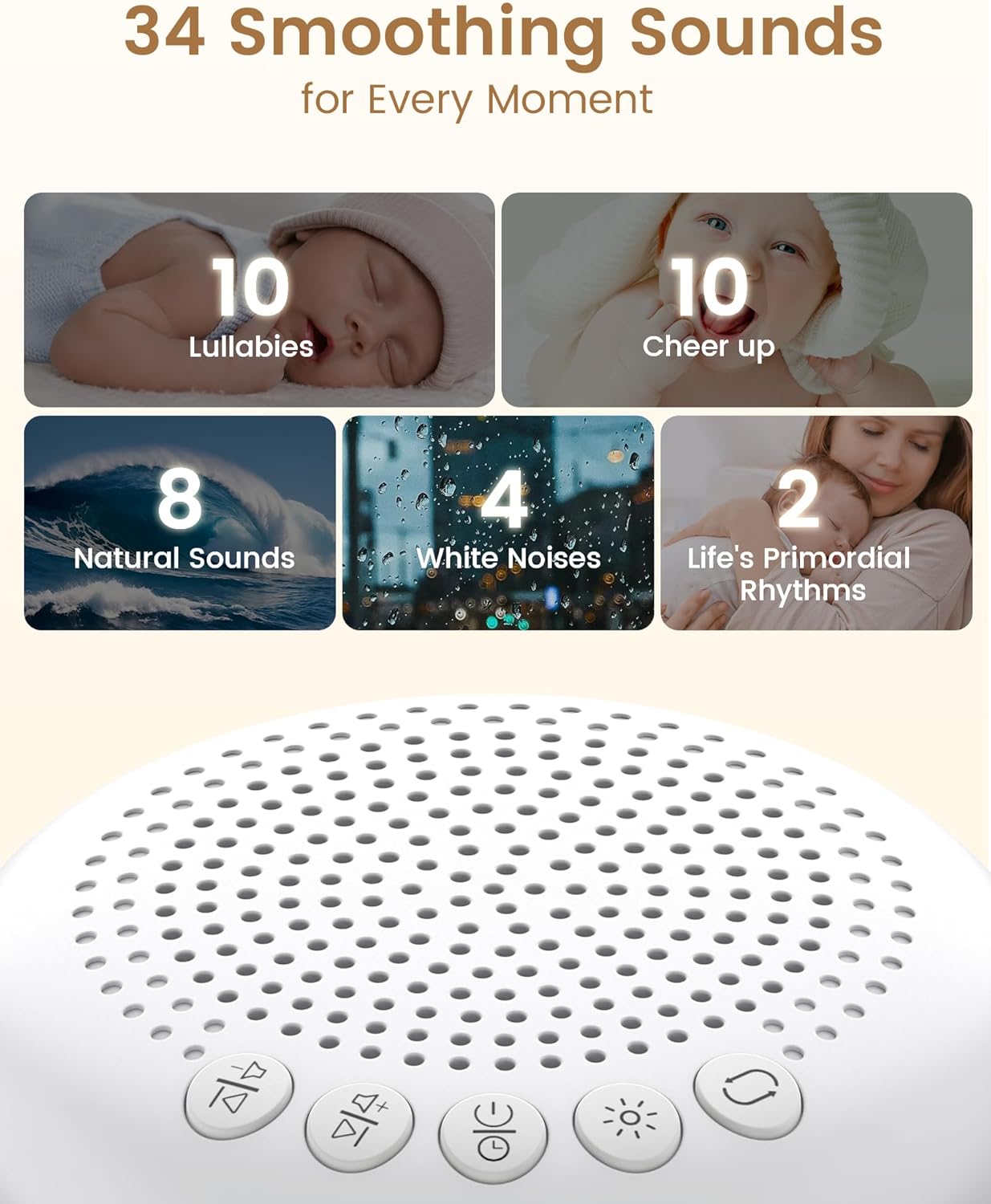Glocusent 3-in-1 Portable Baby Sound Machine, White Noise Machine for Sleeping, Night Light & Phone Connected Speaker 34 Sounds Timing Function 1000mAh Large Battery Designed for Travel