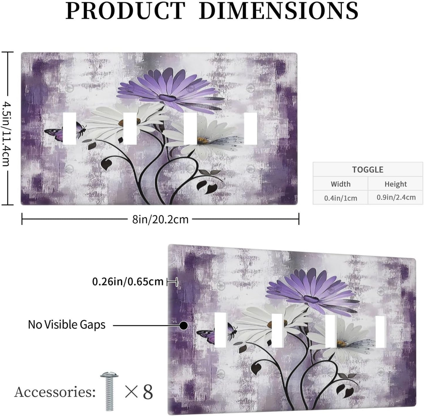 Light Switch Cover Plate Purple Daisy White Floral Butterfly Flowers Quad Toggle Wall Plates Decorative Switch Plates 4 Gang Outlet Covers Electrical Panel Cover Faceplate for Home Decor 4.5 X 8 IN