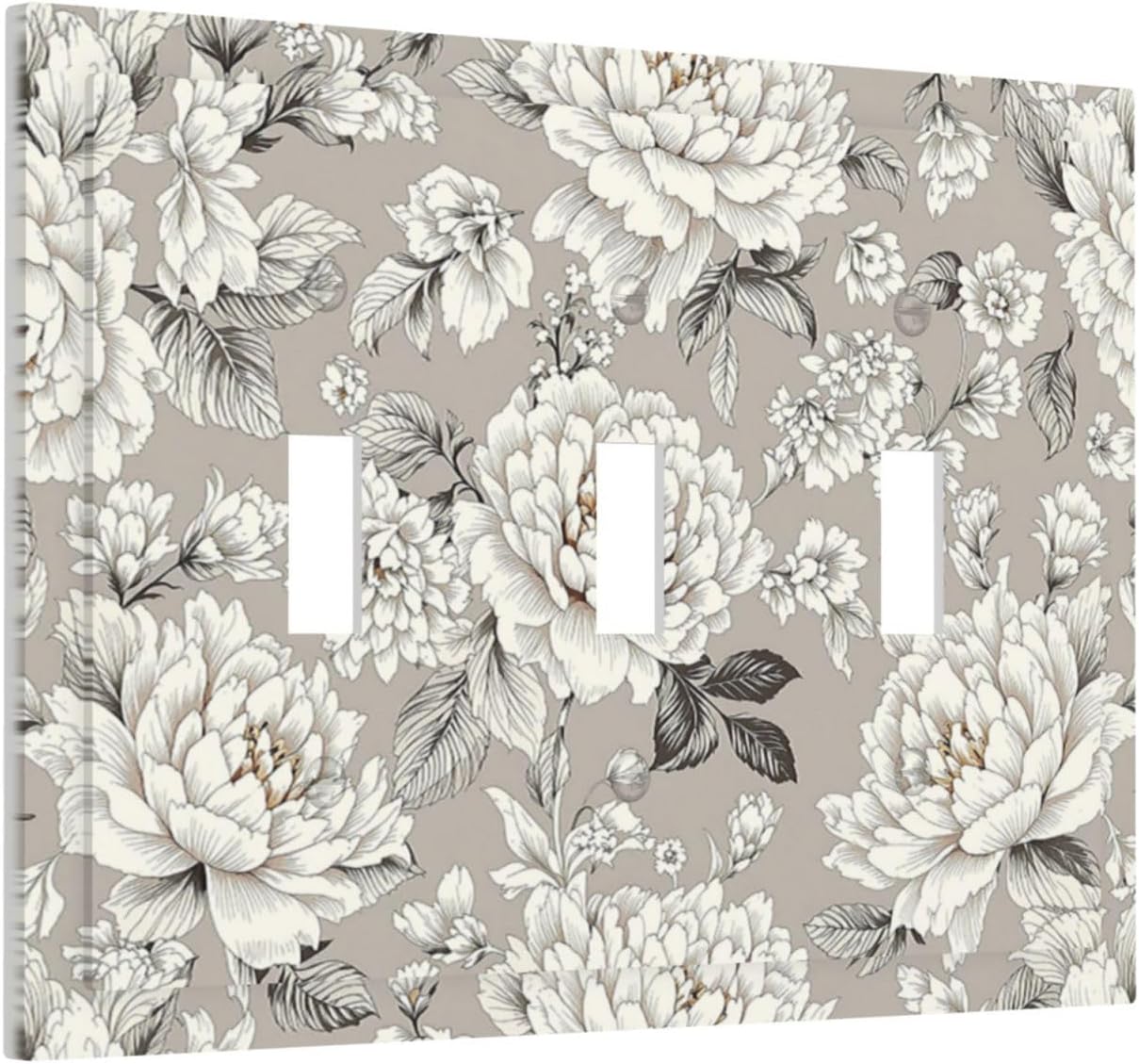 White Poppies Floral Modern Grey Peonies Flowers Decorative Switch Plates 3 Gang Wall Plate Triple Toggle Light Switch Cover Electrical Wall Panels Faceplate for Bedroom Bathroom Decor