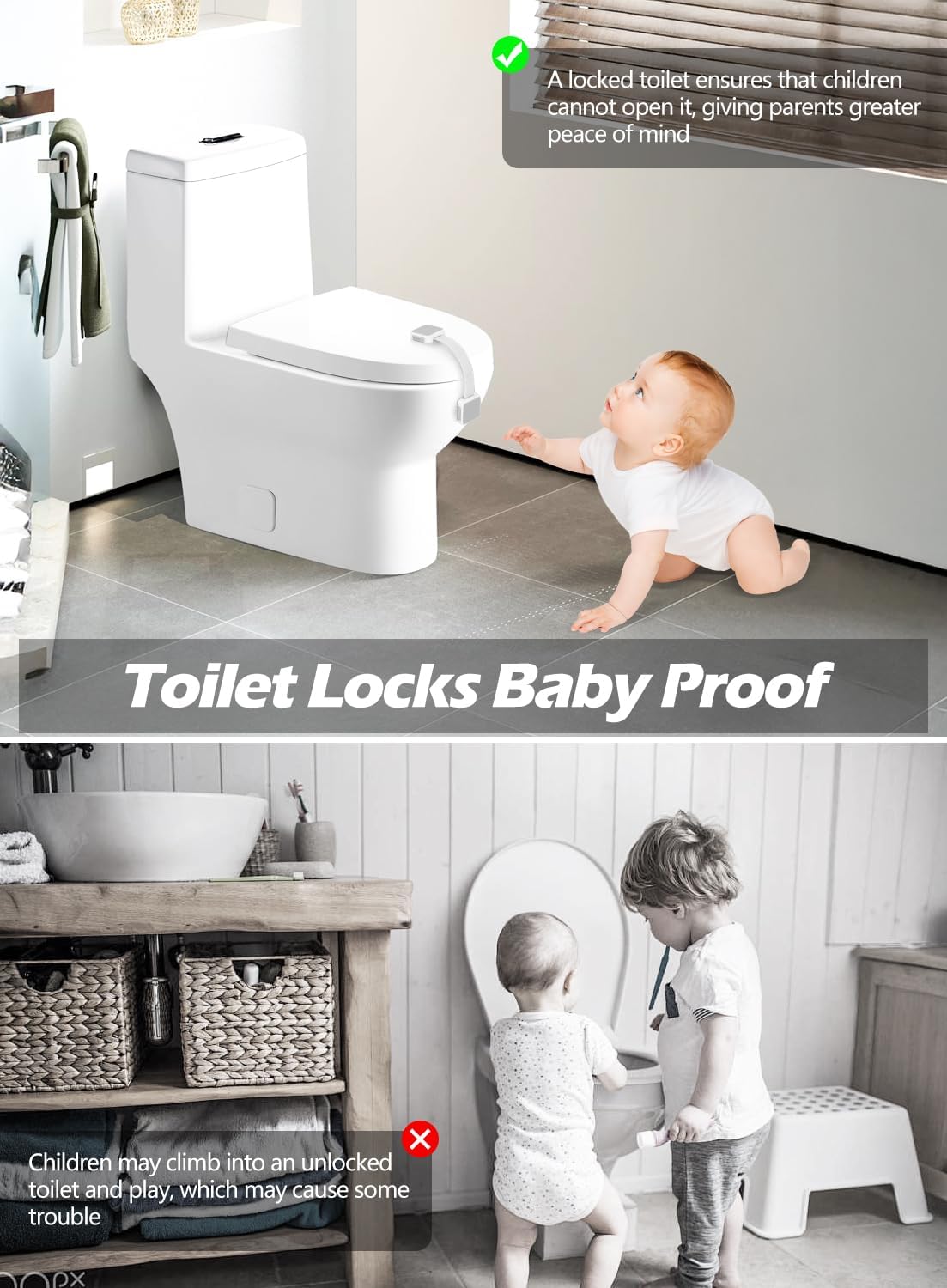 6 Pack Baby Proofing Safety Locks Child Safe for Cabinet Drawer Fridge Oven Dishwasher Doors, Toilet Seat & Lid, Adjustable Furniture Latches and Straps, 3M Adhesive No Drilling Button,Unlock Design
