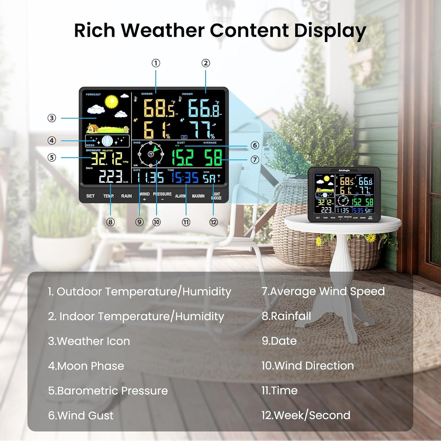 Sainlogic SA68 Home Weather Station with Weather Stations Wireless Indoor Outdoor and Rain Gauge Outdoor for Temperture,Humidity,Forecast,Pressure,Moon Phase,Alarm Clock for Bedroom,Black(No WiFi)