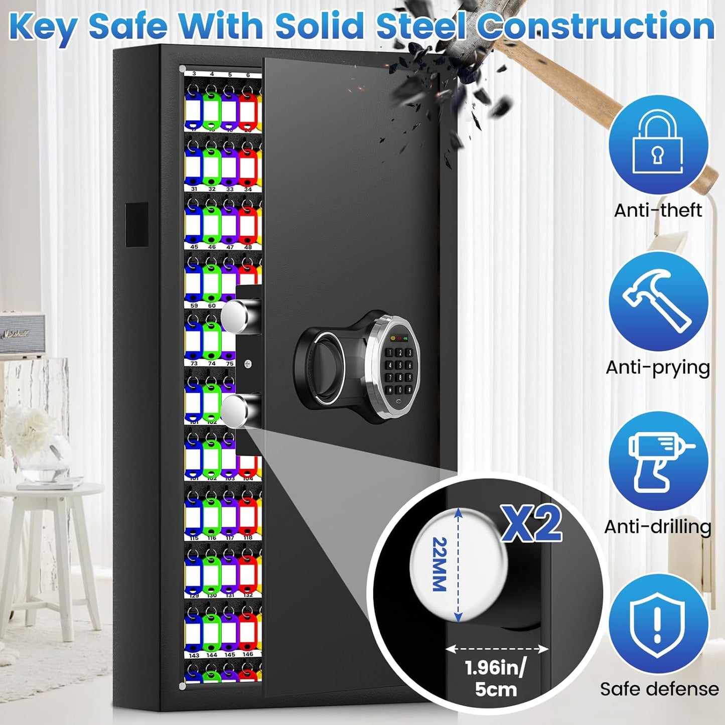 254 Keys Digital Key Lock Box Wall Mount with Code, Heavy Duty Anti-Theft Key Lock Box with Side Drop Slot and Colorful Key Tags for Car Garage House Rental Office