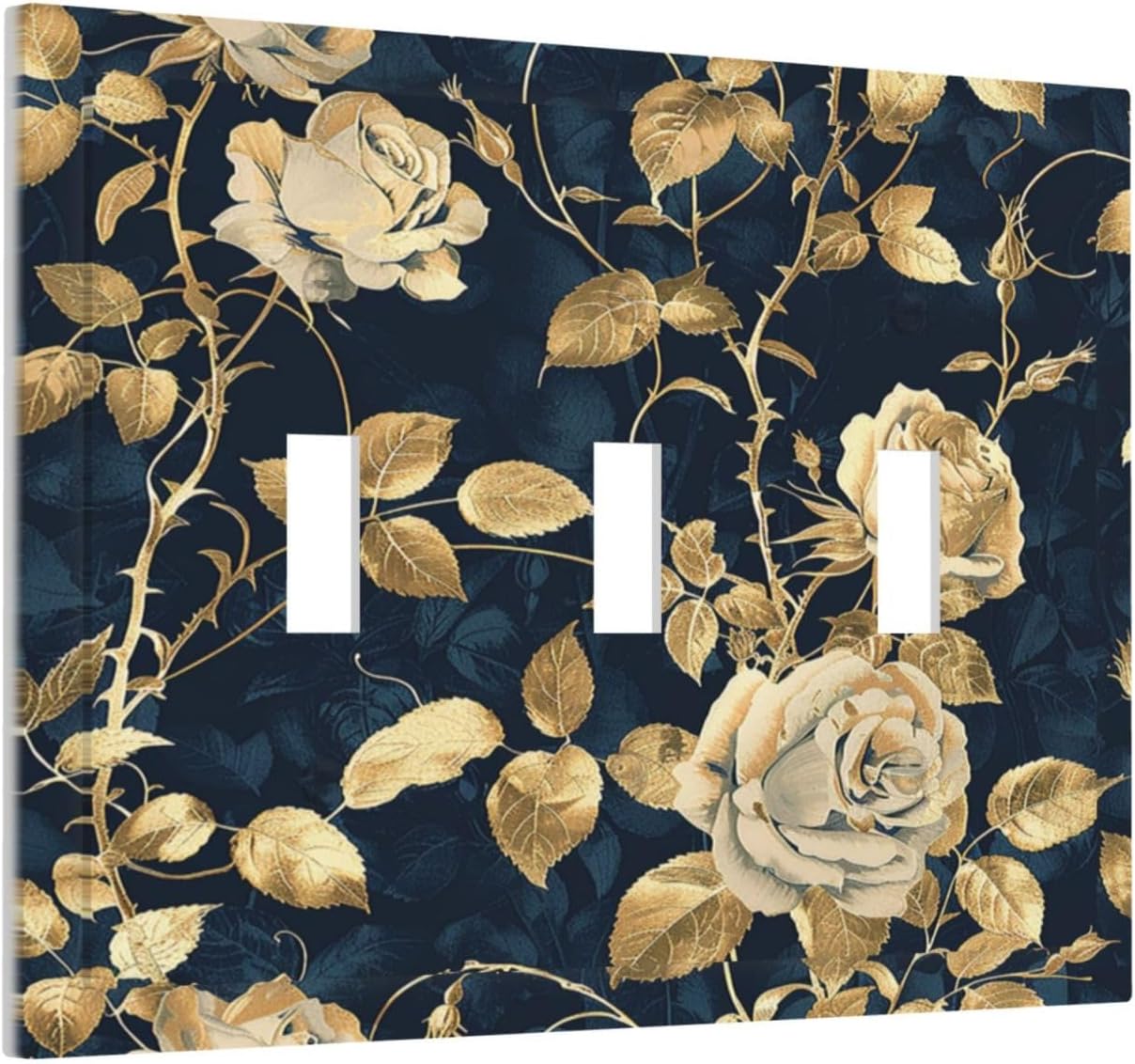 Decorative Switch Plates Boho Vintage Floral Golden Flower Dark Blue Background 3 Gang Wall Plate Triple Toggle Light Switch Cover Faceplate Electrical Wall Panels for Bedroom living Room