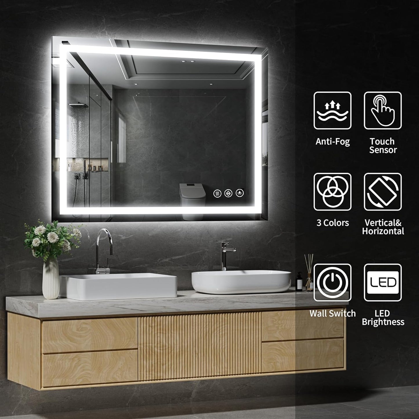 30"x36" LED Bathroom Mirror with Lights, Dimmable, Anti-Fog, Lighted Bathroom Vanity Mirror for Wall, Backlit + Front Lit, Memory Function, Shatter-Proof, Tempered Glass