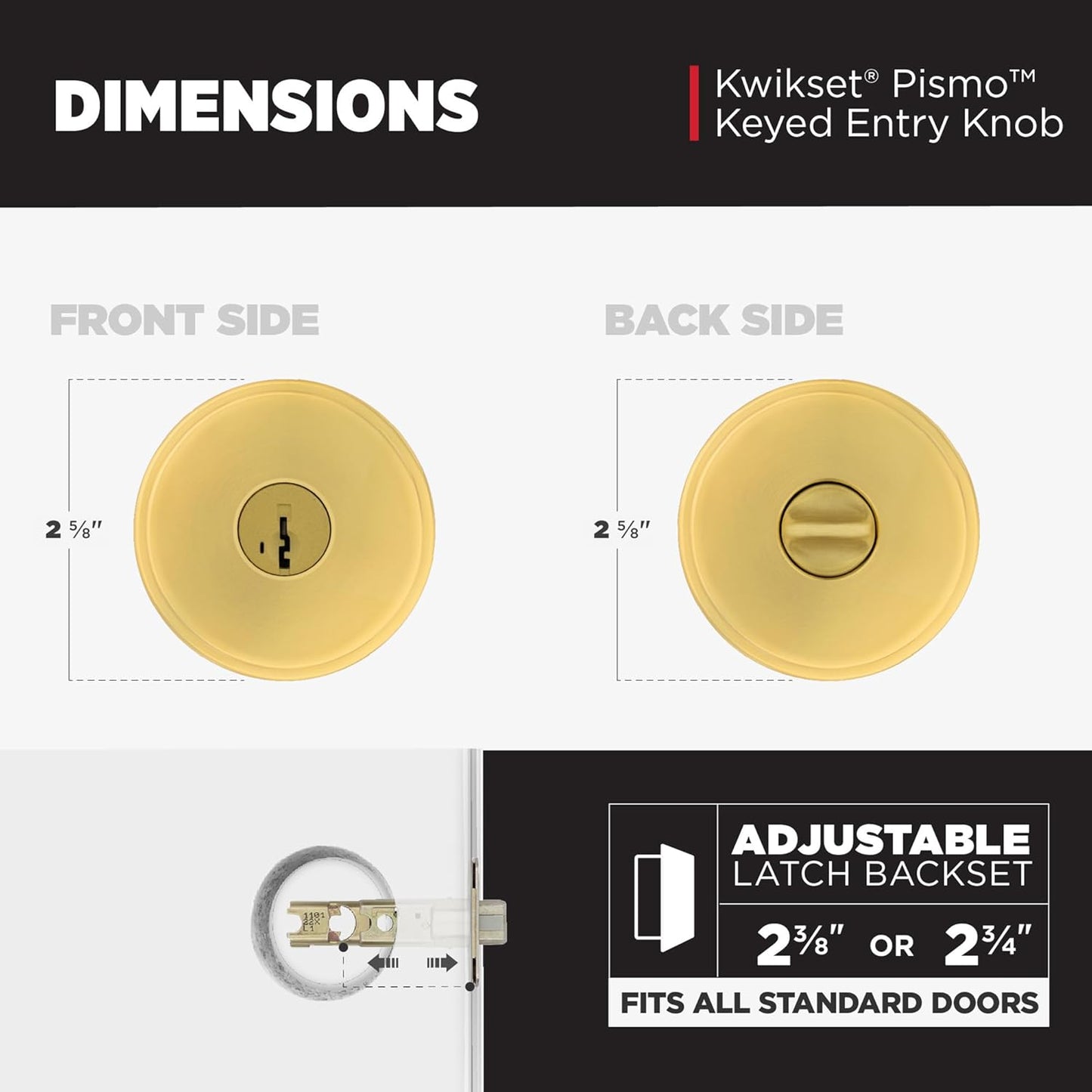 Kwikset Pismo Entry Door Knob with Lock and Key, Secure Keyed Handle Exterior, Front Entrance and Bedroom, Satin Brass, 4 Pack, Pick Resistant SmartKey Rekey Security