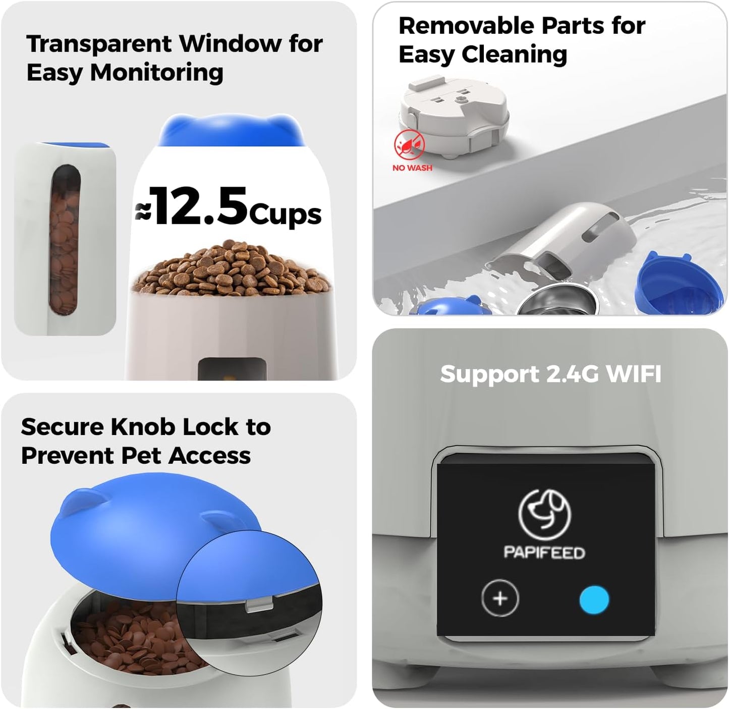 PAPIFEED 3L Automatic Cat Feeder and External Camera, 2.4G WiFi Auto Pet Feeder with App Control and Dual Power Supply, 1080P HD Video with Enhanced IR Night Vision, Two-Way Voice Call Camera, Blue