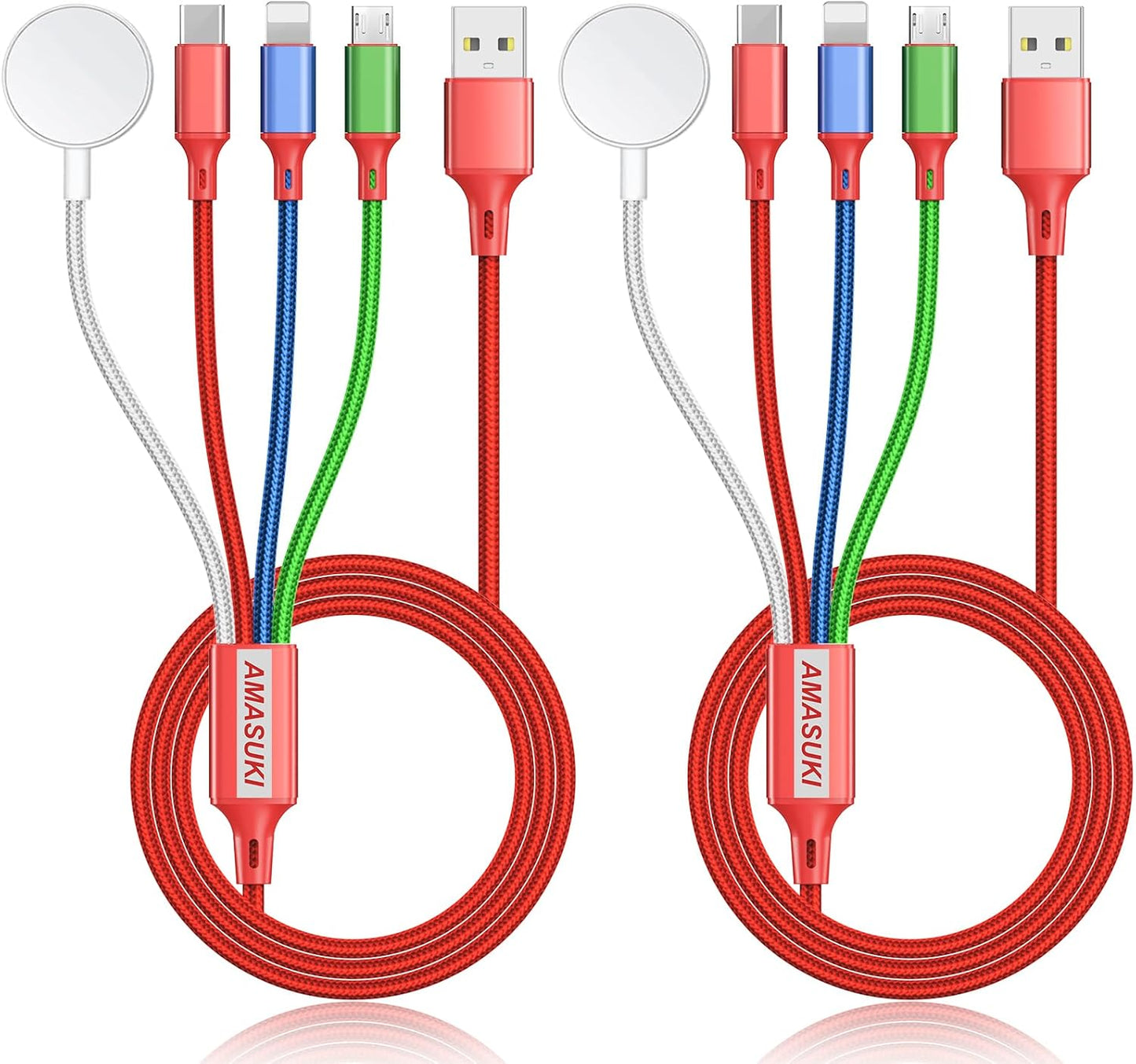 2Pack Multi Charging Cable for Apple Watch Charger 4 in 1 Travel Essentials RV Camping Essentials USB C/L/Micro Compatible with iWatch Series 11-1/iPhone 17/16/15/Android Airplane Gadgets-4FT/Red