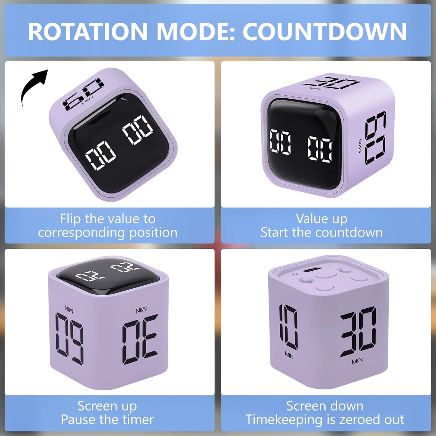 Digital Cube Productivity Timer, Rotating Pomodoro Timer with Gravireceptor 5-10-30-60 Min& Custom Countdown, Vibration & Adjustable Volume Timers for Learning Office Kitchen Desk, Purple