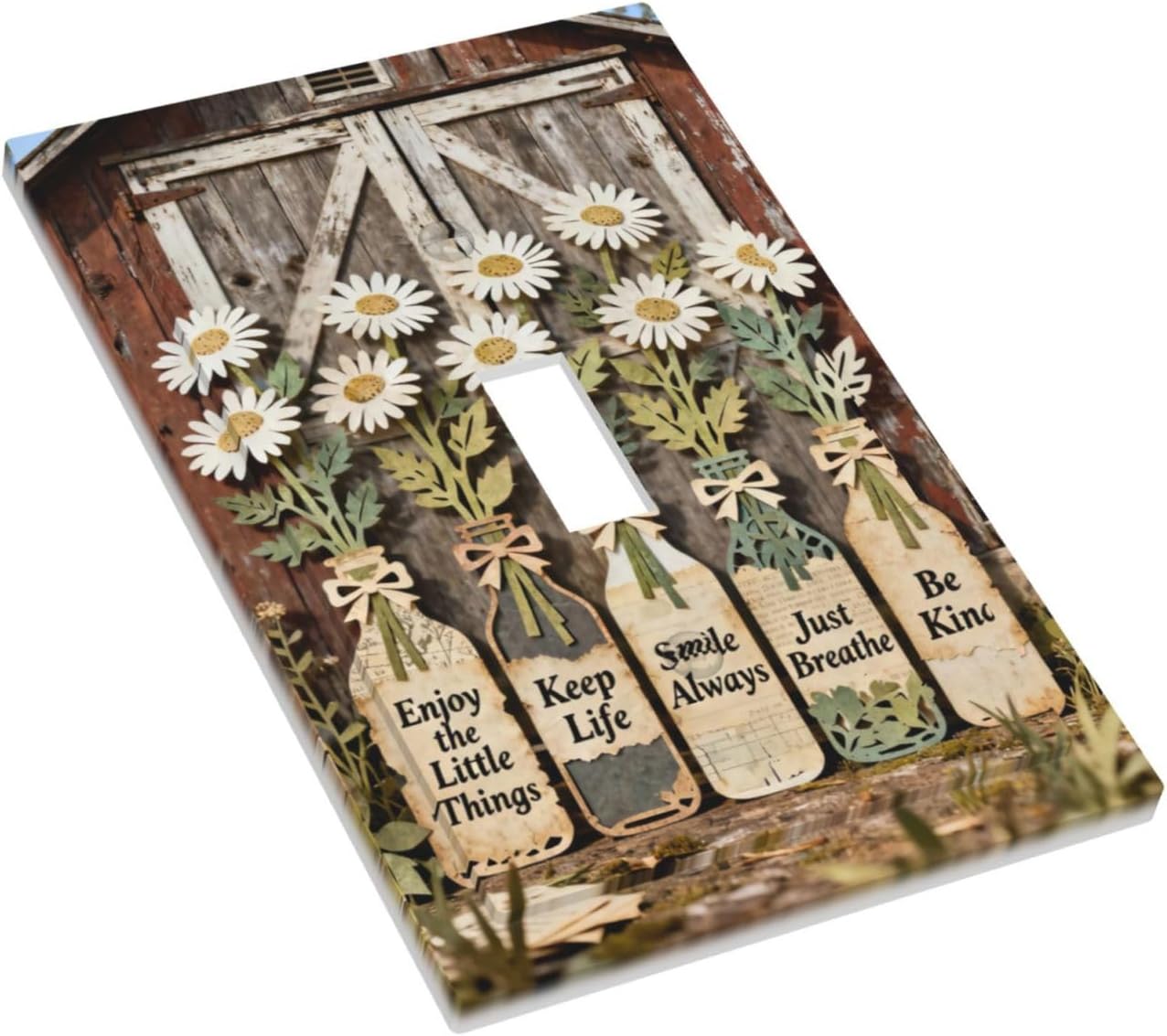 Rustic Daisy Barn Door Flowers 1 Gang Single Toggle Decorative Light Switch Covers Electrical Faceplate Switch Plates for Bathroom Kitchen Home
