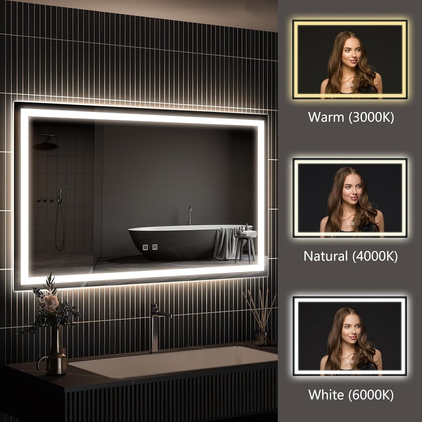 APRILSOUL 40x32 Inch LED Bathroom Mirror with Front and Backlit, Makeup Mirror with 3 Color Lights, Memory Function, Anti-Fog and Dimmable Light (Horizontal)