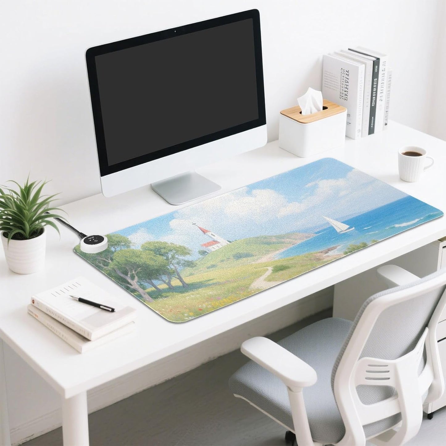 Large Heated Mouse Pad,Leather Desk Mat,31.5"x13", Hand Warmer Pads for Desk,Sea Flowers(Sky Blue)