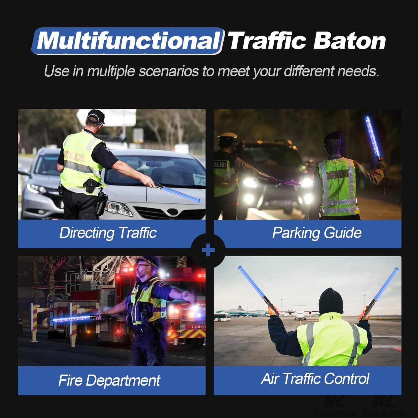 RoadHero 21 Inch Traffic Wands, Blue LED Traffic Control Baton with 2 Flashing Modes, Night Safety Light Wand with Side Clip for Parking Lot