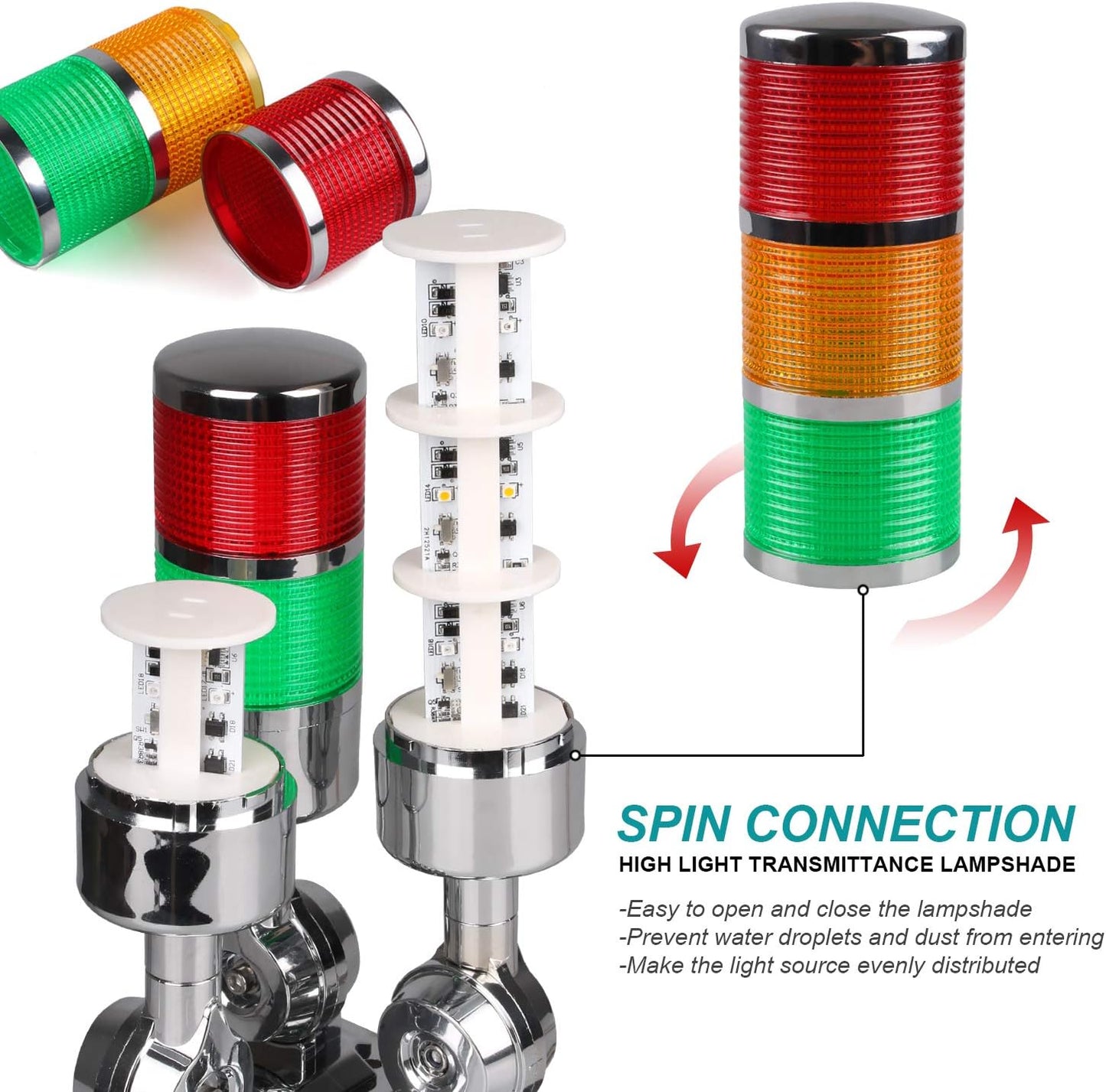 12-24V LED Stack Tower Lights, Industrial Warning Lights, Andon Lights, Column Signal Tower Indicator Lamp Beacon, Continuous/Flashing Light Switchable, 3 Layer (Without Buzzer)