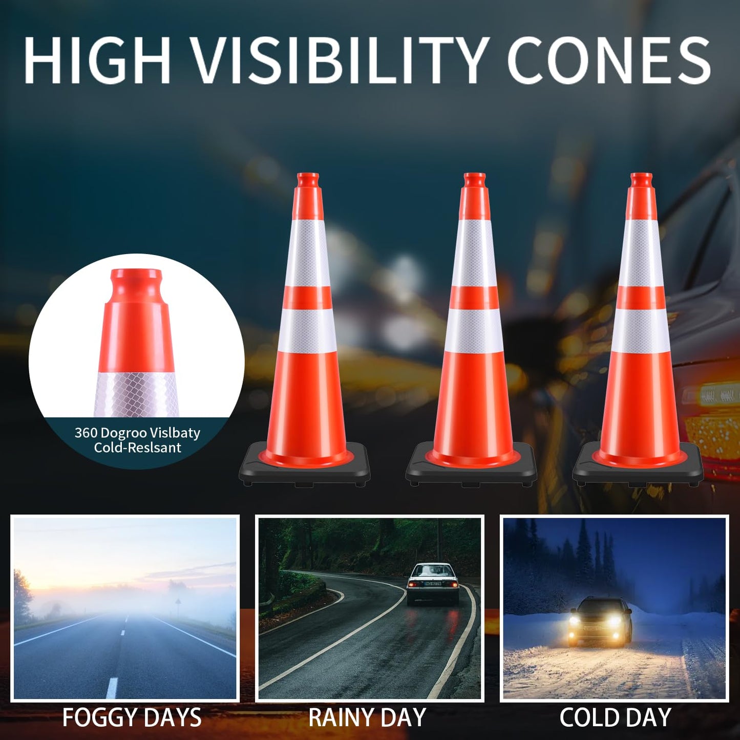 28 Inch Traffic Cones (8 Pack),Heavy-Duty PVC Construction Cones with Weighted Black Base for Road Safety,Orange Safety Cones with Reflective Collars for Parking & Driver Training