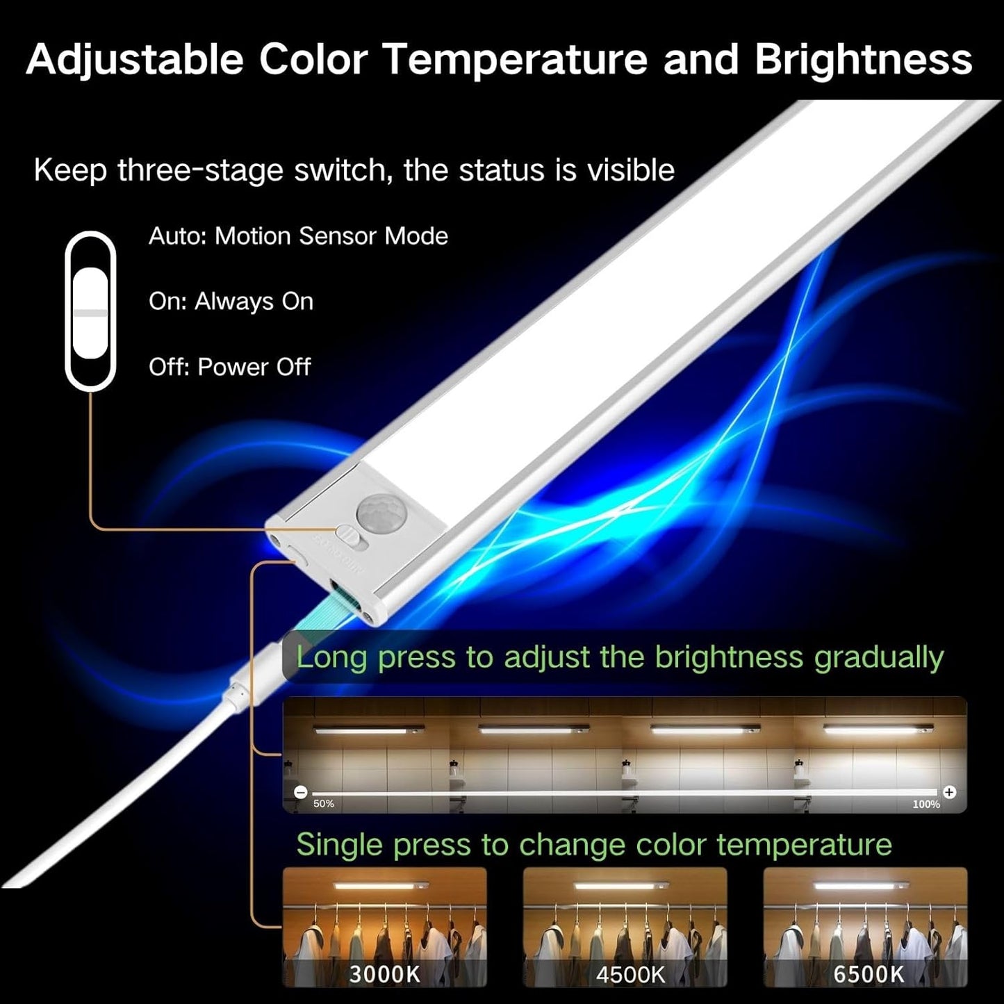 Motion Sensor Under Cabinet Lighting-Magnetic Rechargeable Closet Lights for Kitchen,Stairs,Wardrobe | 3-Color Dimmable LED Under Counter Lighting | Pro Battery Upgrade (2, 8 inch)