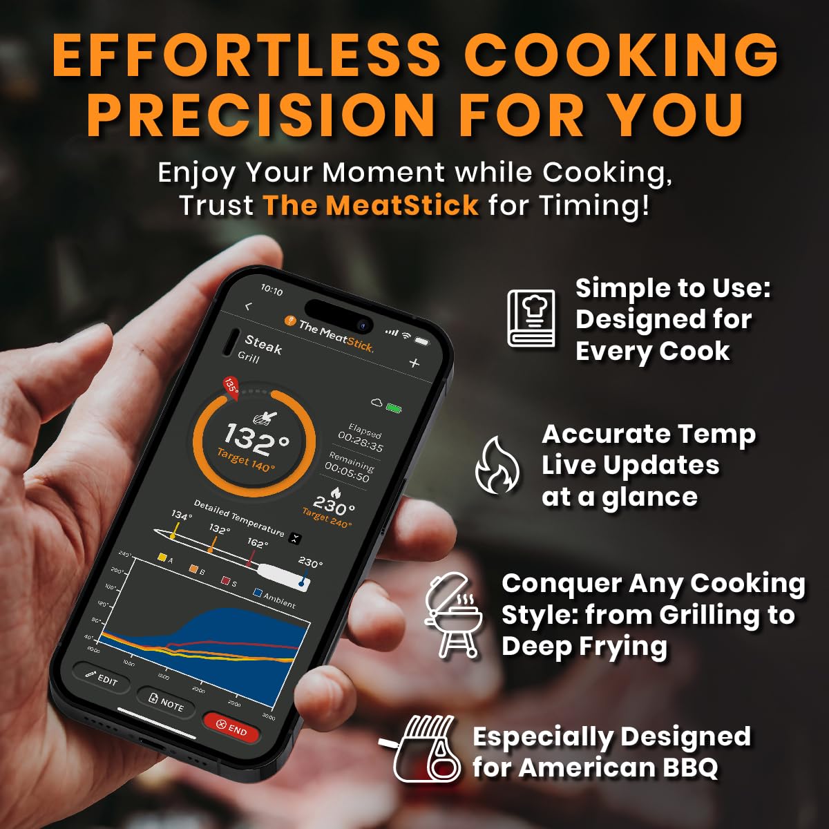 MeatStick 4 – Smart Wireless Meat Probe with 4 Sensors & Limited Range | Bluetooth Thermometer (Up to 165 ft Outdoors; Much Lower in Grill/Oven/Smoker)