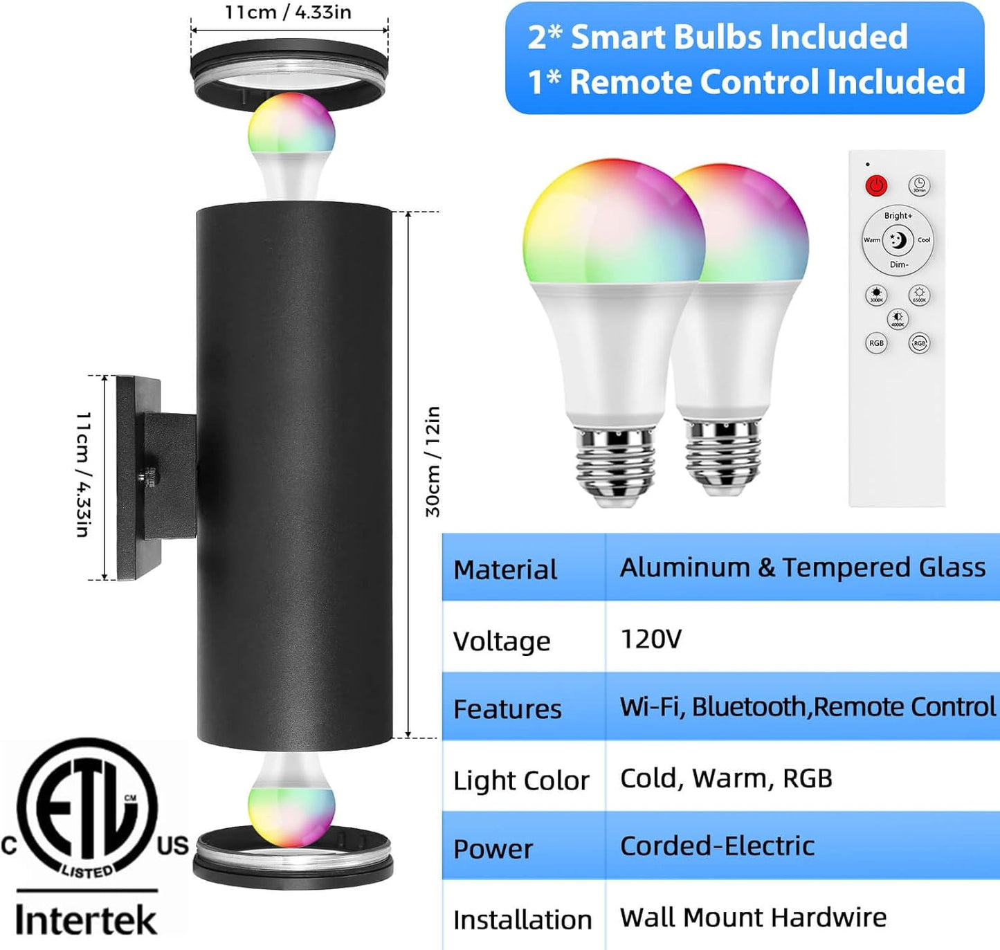 SHIMR Modern Outdoor Wall Lights Color Changing, RGBCW Smart Outdoor Lights Ambiance Sconce with Remote Control, Black Aluminum Exterior Lighting Fixtures Up and Down Lights [ETL Listed]