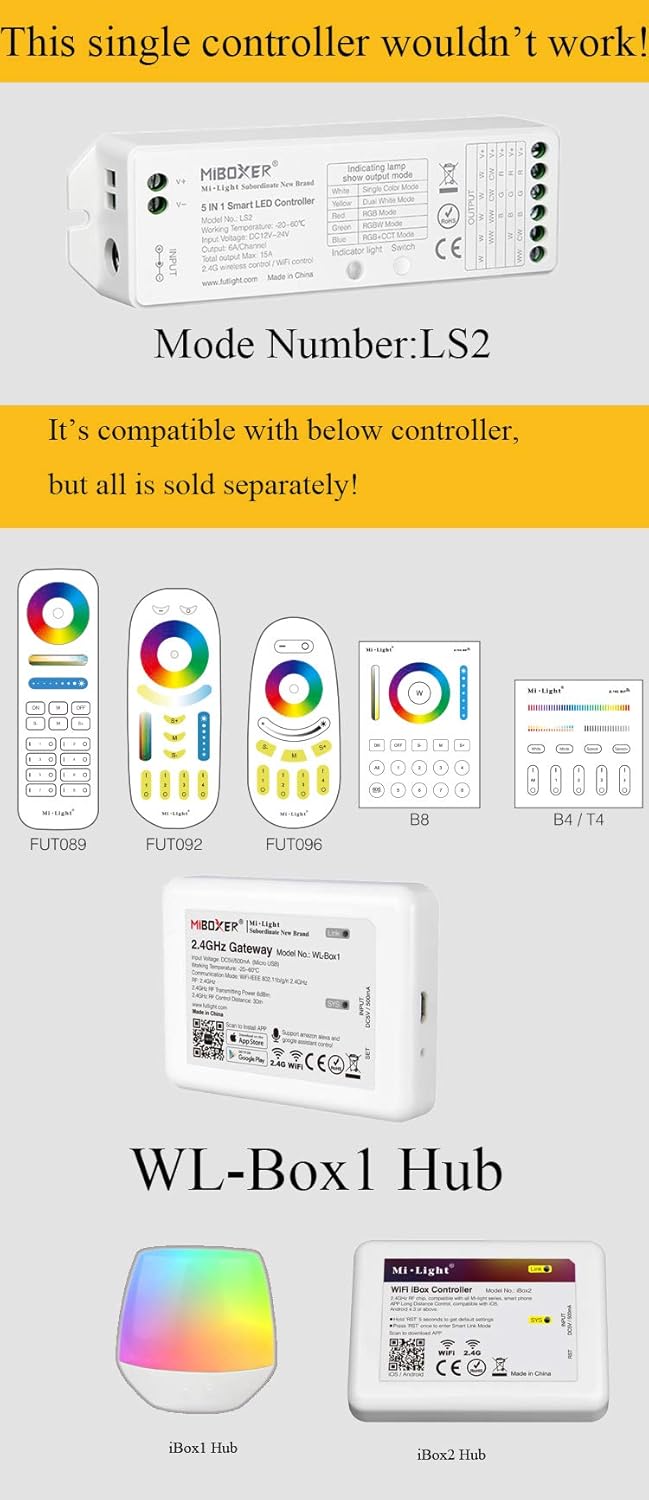 LGIDTECH LS2 LED Strip Lights 5 in 1 Controller,Compatible with Single Color,RGB,RGBW,WW+CW,RGB+CCT LED Strip Lights,Smartphone APP Control via Gateway(Excluded)