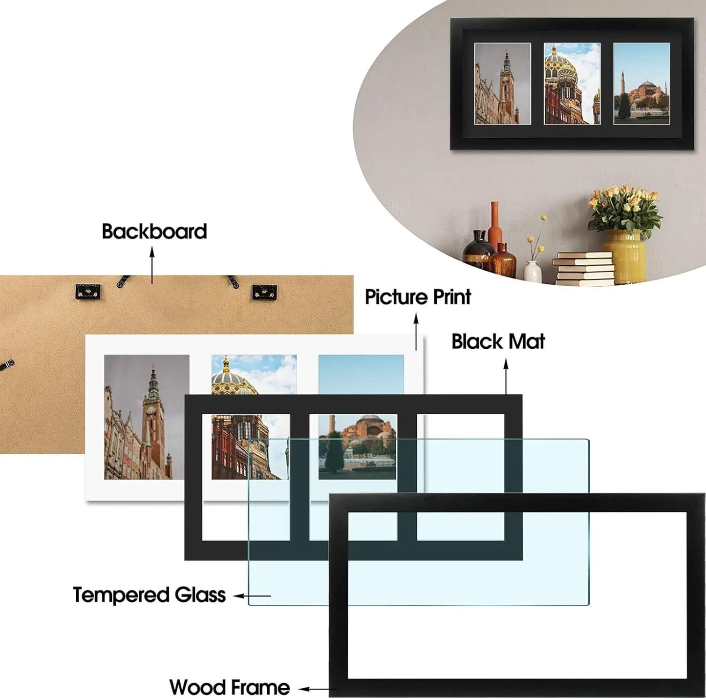 Golden State Art, Set of 3, 9x18 Black Wood Frame - Black Mat for Three 5x7 Pictures - Sawtooth Hangers- Swivel Tabs - Wall Mounting - Landscape/Portrait - Real Glass - Collage Frame