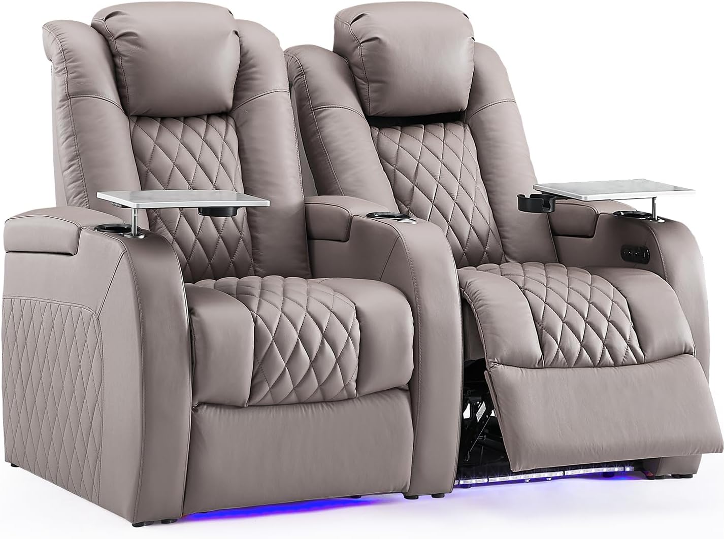 Weilianda Home Theater Seating Top Grain Leather Zero Gravity Recliner Chair Power Headrest Recline Movie Seat Gaming 7 Colors Mood Light Sofa with Tray Table USB Charge Row of 2 Grey