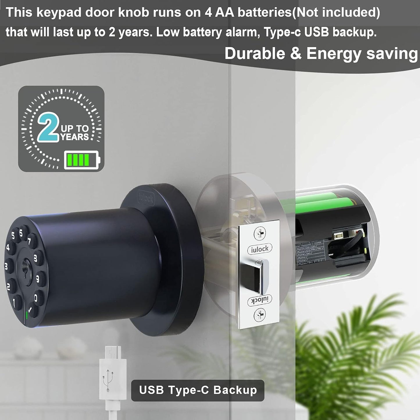 IU-20 Code Door Lock, Electronic Door Knob with Keypad and Key, Auto Lock, Waterproof, Passage Function, Long Battery Life,50 Codes, Easy to use and Install for Office/Warehouse/Bedroom/Garage