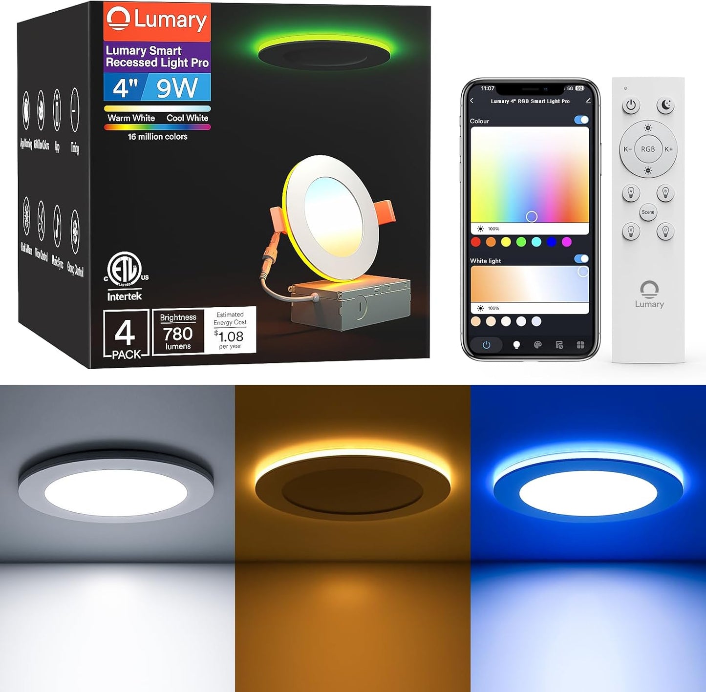 Lumary Smart Recessed Lighting Pro 4 Inch with RGB/Night Ring, 9W 780LM Smart WiFi Wafer Downlight, Canless with Junction Box, Compatible with Alexa/Google Assistant/BT Remote, ETL Listed, 4 Pack