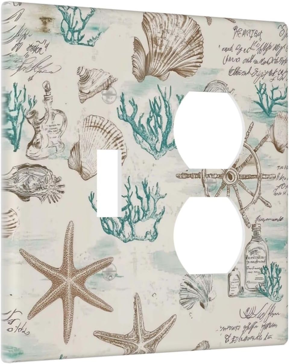 Mid Century Seashells Starfish Compass Wallplates 1 Toggle 1 Duplex Switch Plate Electrical Gfci Faceplate Decorative Light Switch Covers For Nursery Kids Room Decor