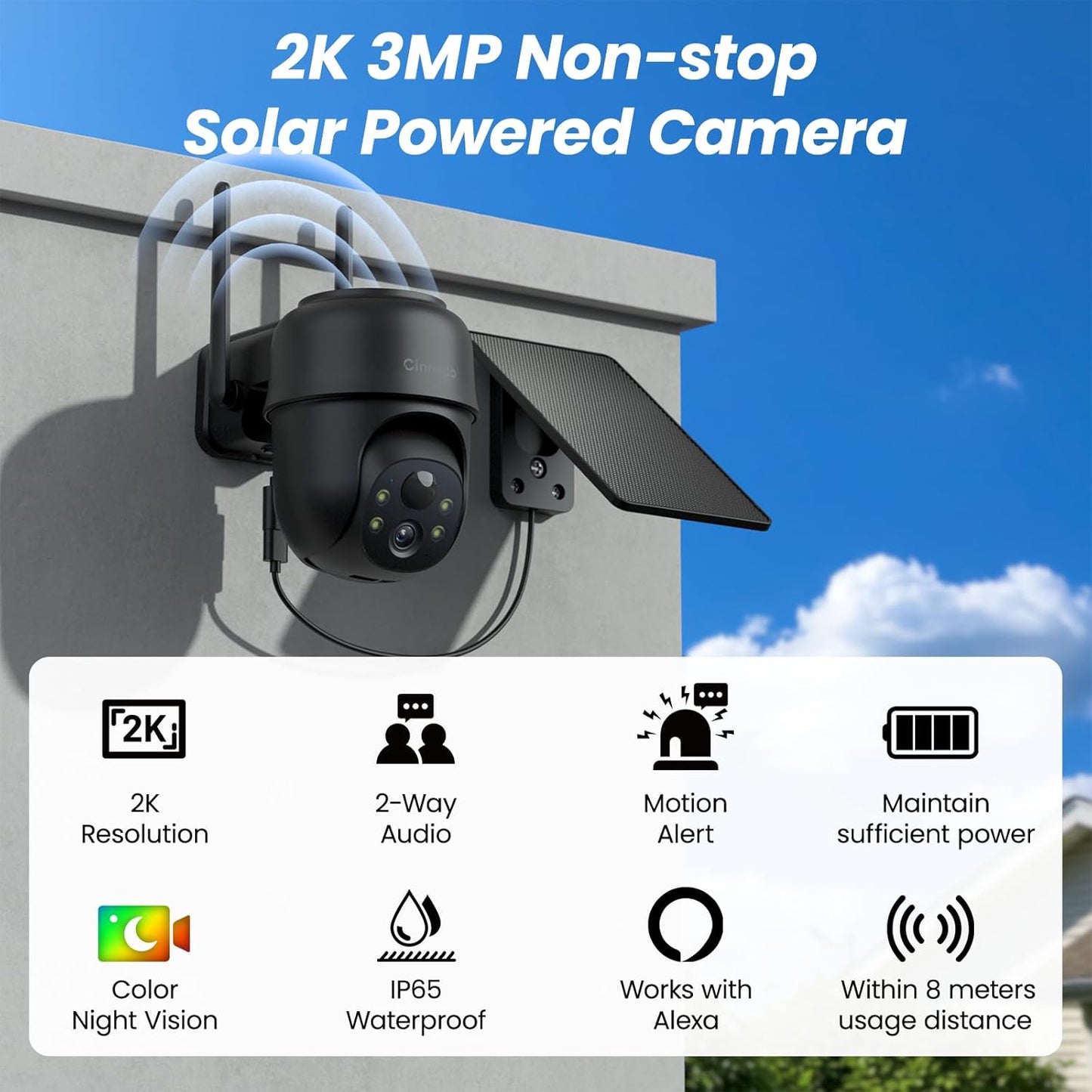 Cinnado 2K Cameras for Home Security-2.4G WiFi Outdoor Camera Wireless Solar/Battery Powered, 360° Viewing, Human Detection, Color Night Vision, Cloud/SD Storage B6 (B6-Black-1pack-2.4G)