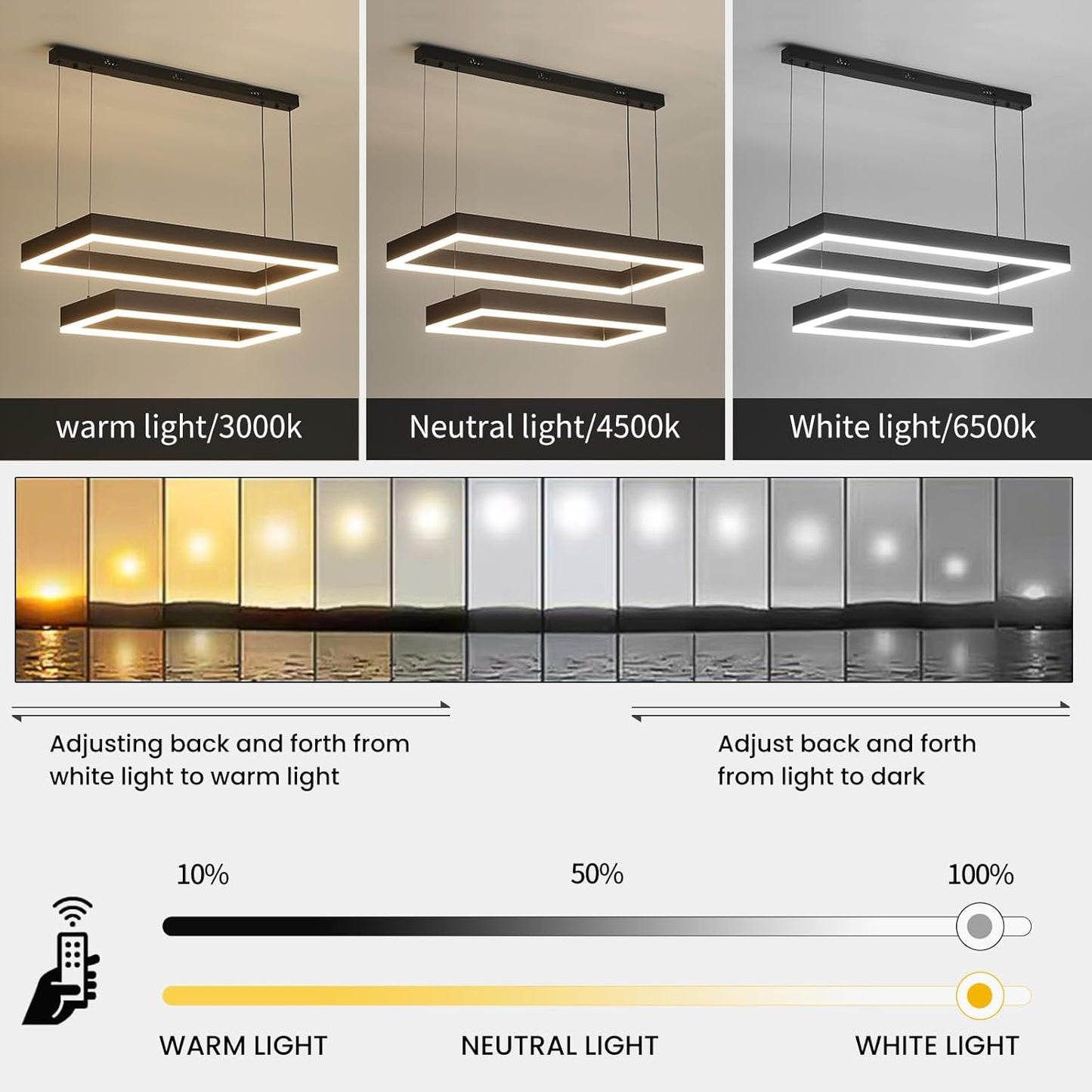 Modern Chandeliers for Living Room, 2-Ring Rectangles Pendant Light Kitchen Island Fixtures, Dimmable LED Chandelier for Dining Room Bedrooms, Black (40CM/60CM)