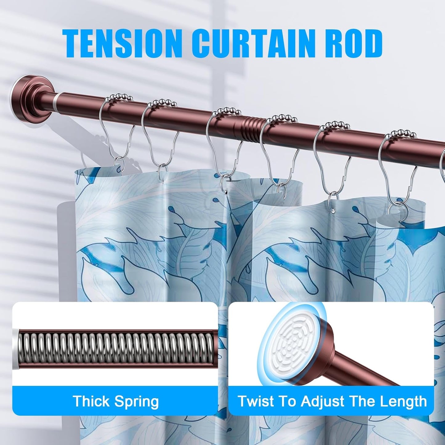 TEECK Shower Curtain Rod, 32-104 inch Adjustable Spring Tension Curtain Rod, Never Rust Anti-Slip Shower Curtain Rod for Bathroom, No Drilling, Never Collapse, Easy to Use, Brown