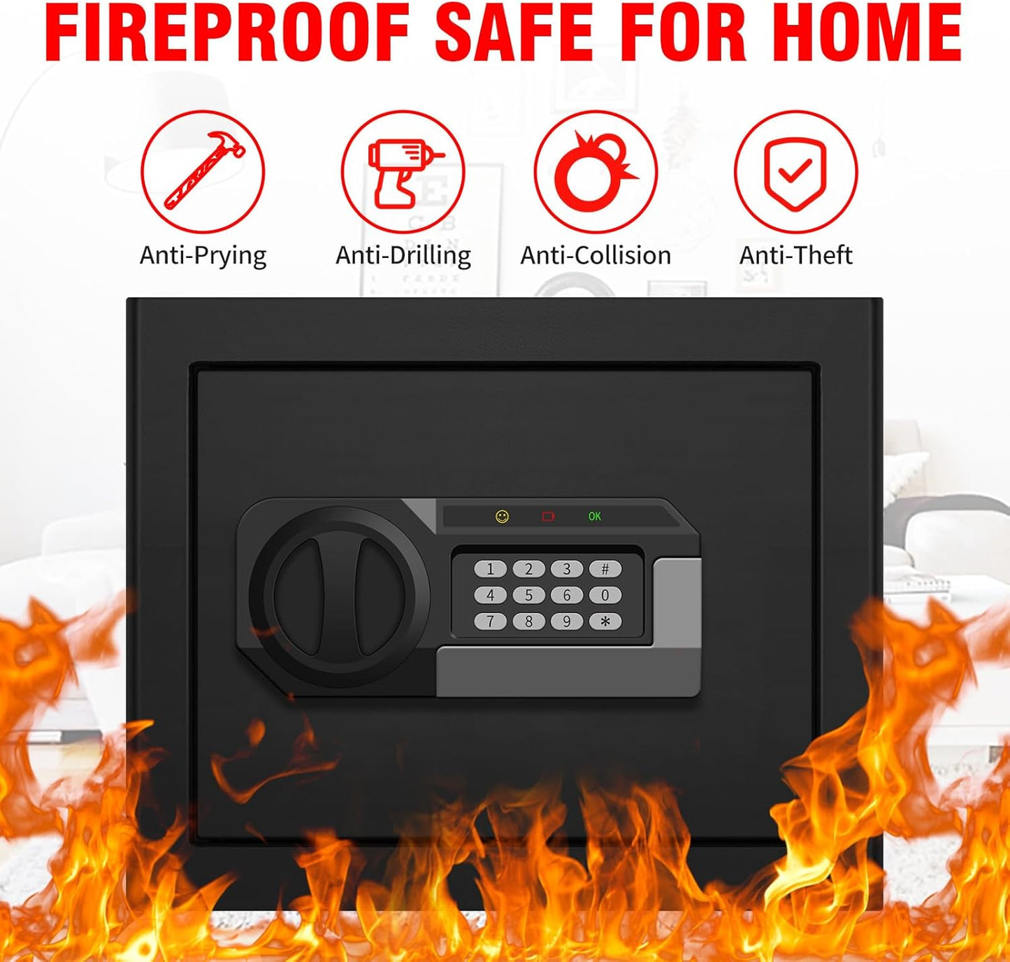 1.8 Cuft Small Fireproof Safe for Home Use, Safe Box Fireproof Waterproof with Programmable Keypad, Spare Keys and Removable Shelf, Digital Home Security Safety Box for Money Documents Medicines