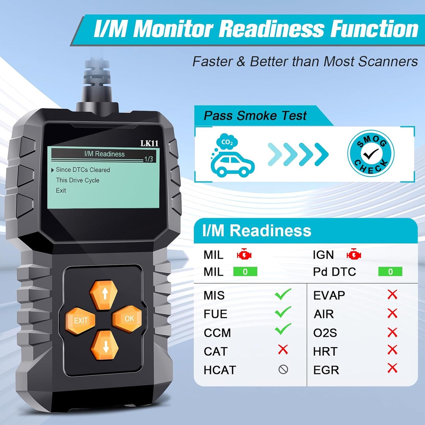 OBD2 Scanner Ease Setup Plug-Play: Clear Reset Engine Error Code Professional Code Reader Diagnostic Scan Tools with Freeze Frame/I/M Readiness for Cars Since 1996 & Newer - LK11