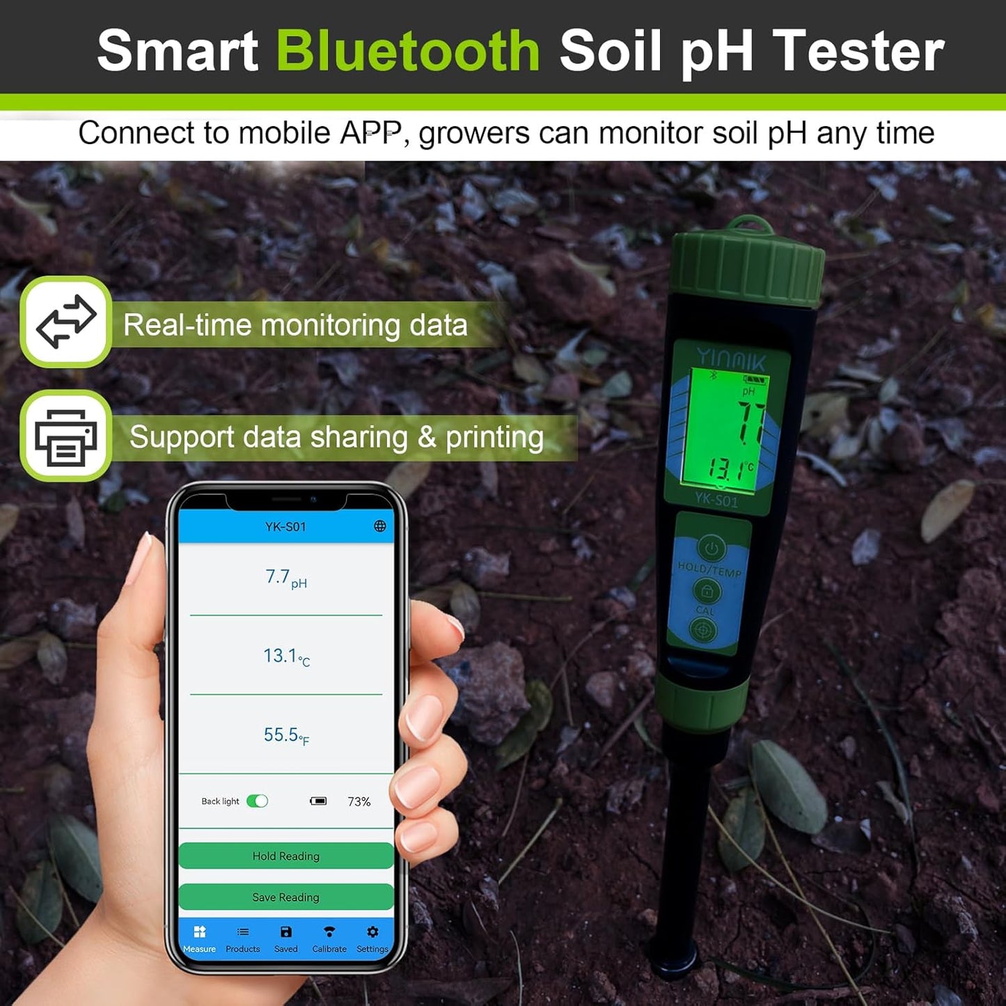 Digital Soil pH Moisture Tester,Plant Moisture pH Meter for Soil and Water,Great Soil Test Kit for Gardener,Digital 4 in 1 Soil Temp Moisture pH EC Tester for Lawn,Indoor&Outdoor Plant,Potting,Farm