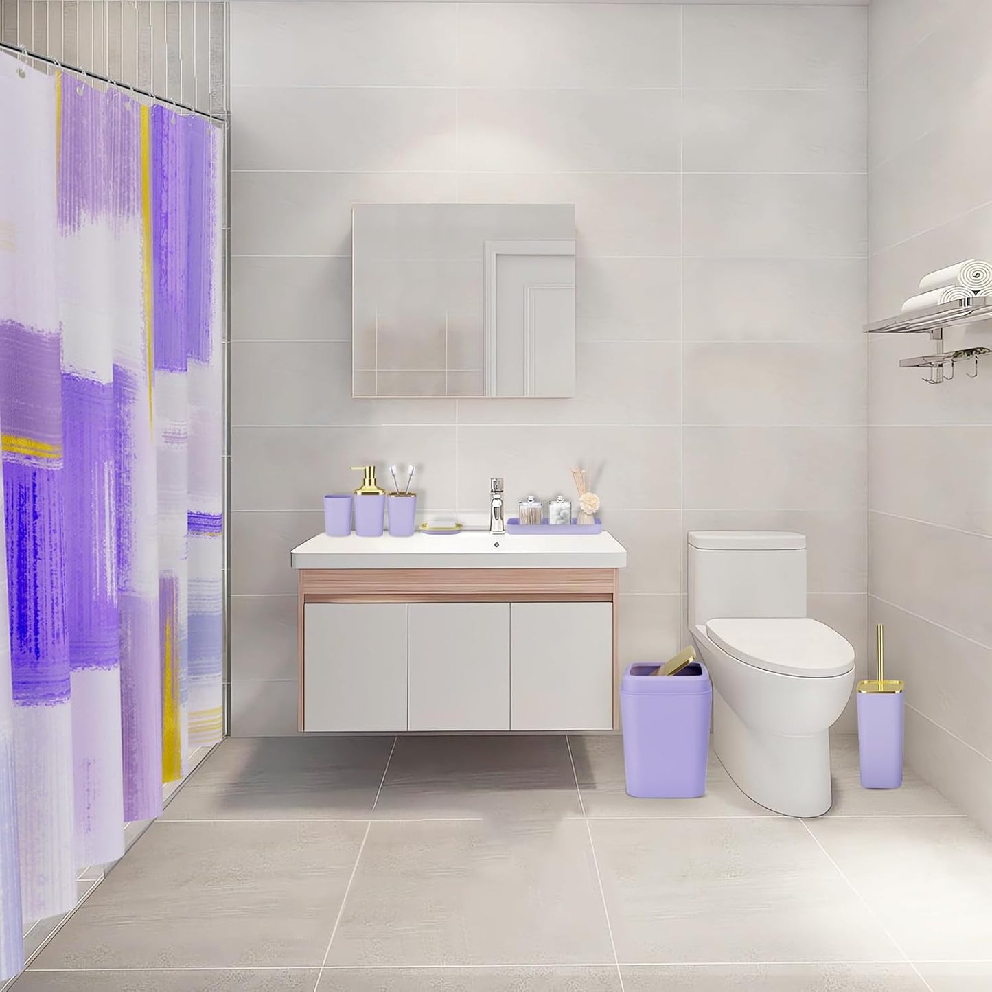 Purple Bathroom Accessories Set, Bathroom Sets with Shower Curtain, Purple Bathroom Accessories with Trash Can, Soap Dispenser, Soap Dish, Toilet Brush Holder, Qtip Holders for Bathroom