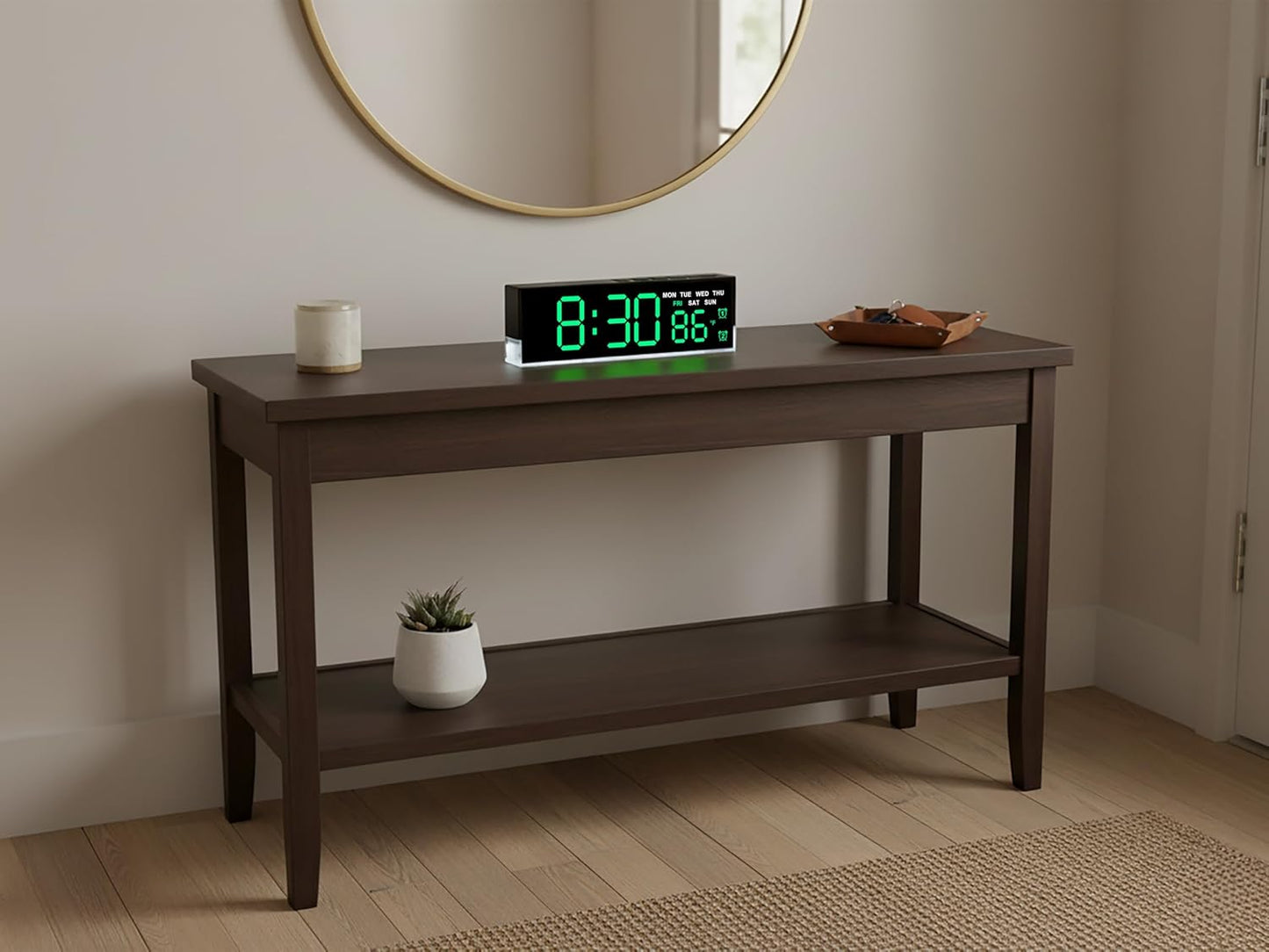 zyzamay 7-Inch Modern LED Digital Alarm Clock with Dual Alarms & Soft Bottom Light｜Displays Time, Date, Day, Temperature ｜3-Level Auto/Manual Brightness, DST, USB or Battery Powered Desk Clock,Green