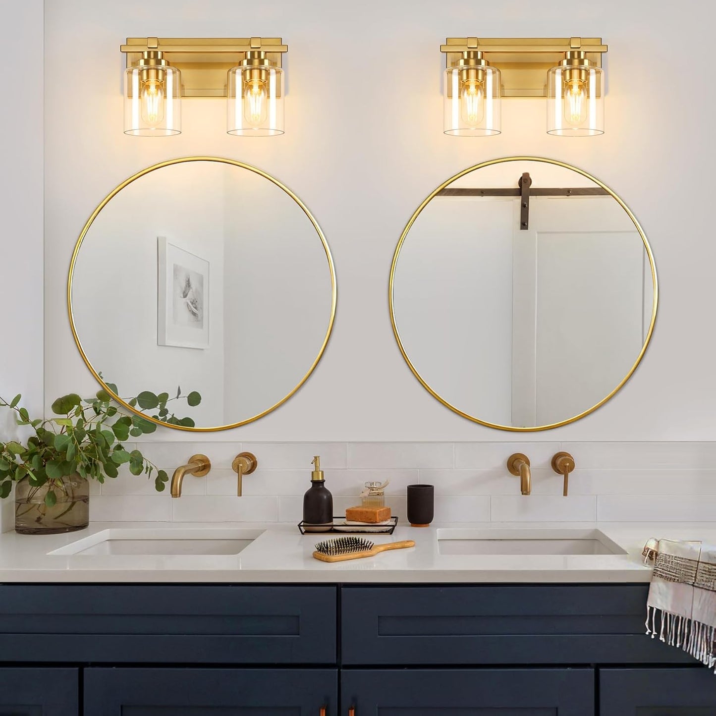 2 Light Modern Bathroom Light Fixtures Over Mirror, Brass Finish Vanity Lights for Bathroom Wall Sconces with Clear Glass Shades, E26 Socket (Bulbs Not Included)