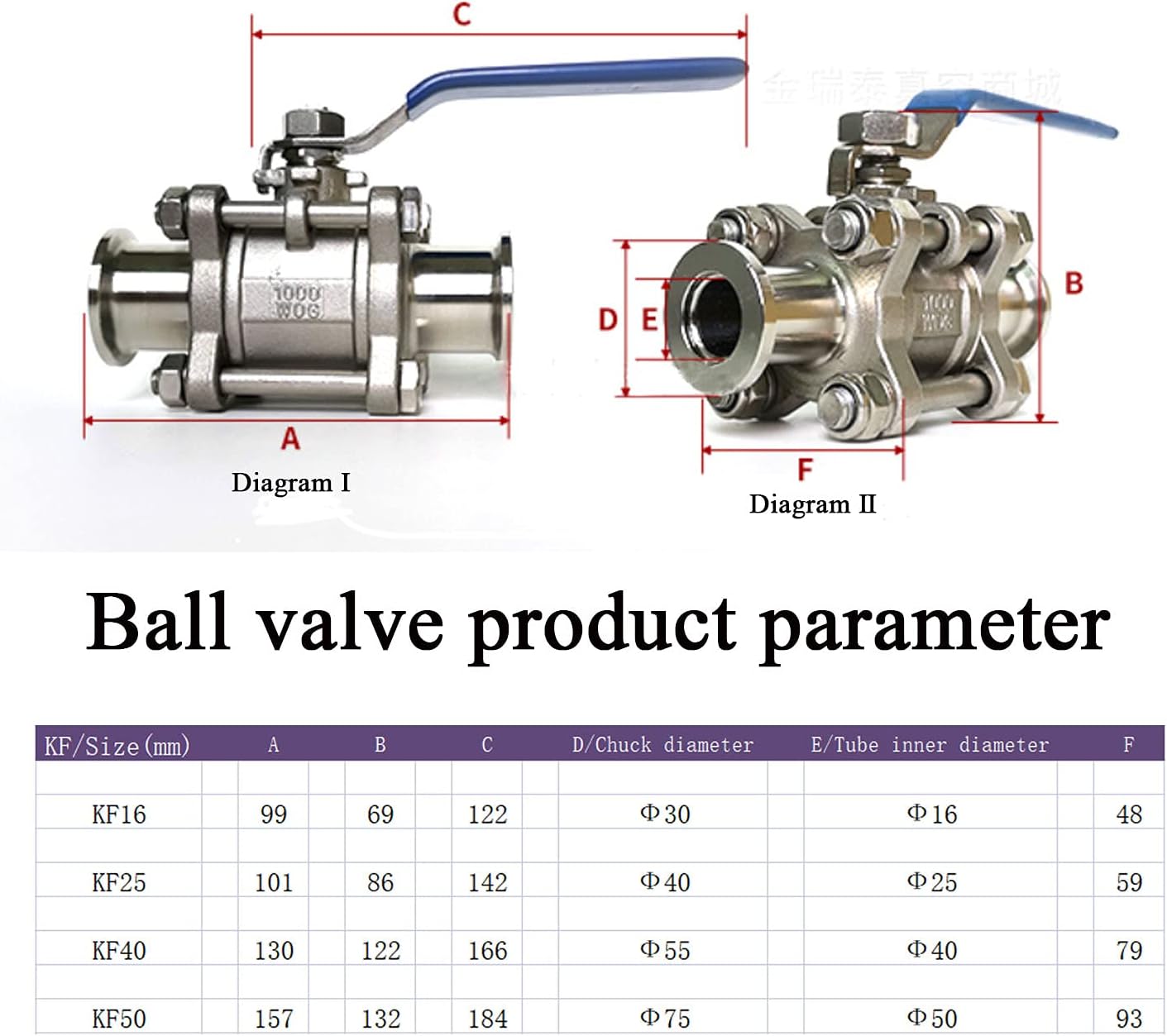 SHERICH Vacuum KF50 Ball Valve 304 Stainless Steel Clamp High Vacuum Fast Ball Valve Blue Handle With Locking Device (KF50)