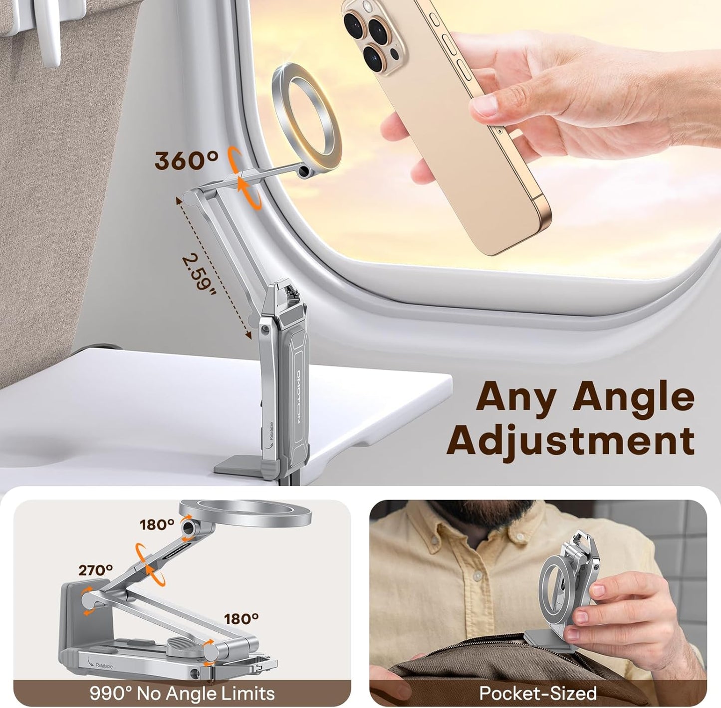 OMOTON 360°Rotating for MagSafe Tripod Mount, Adjustable Aluminum Magnetic Phone Tripod for iPhone 17/16/15/14 Pro Max Air, Foldable Cell Phone Stand Fits Vlog, Gym, Travel Essentials, Silver