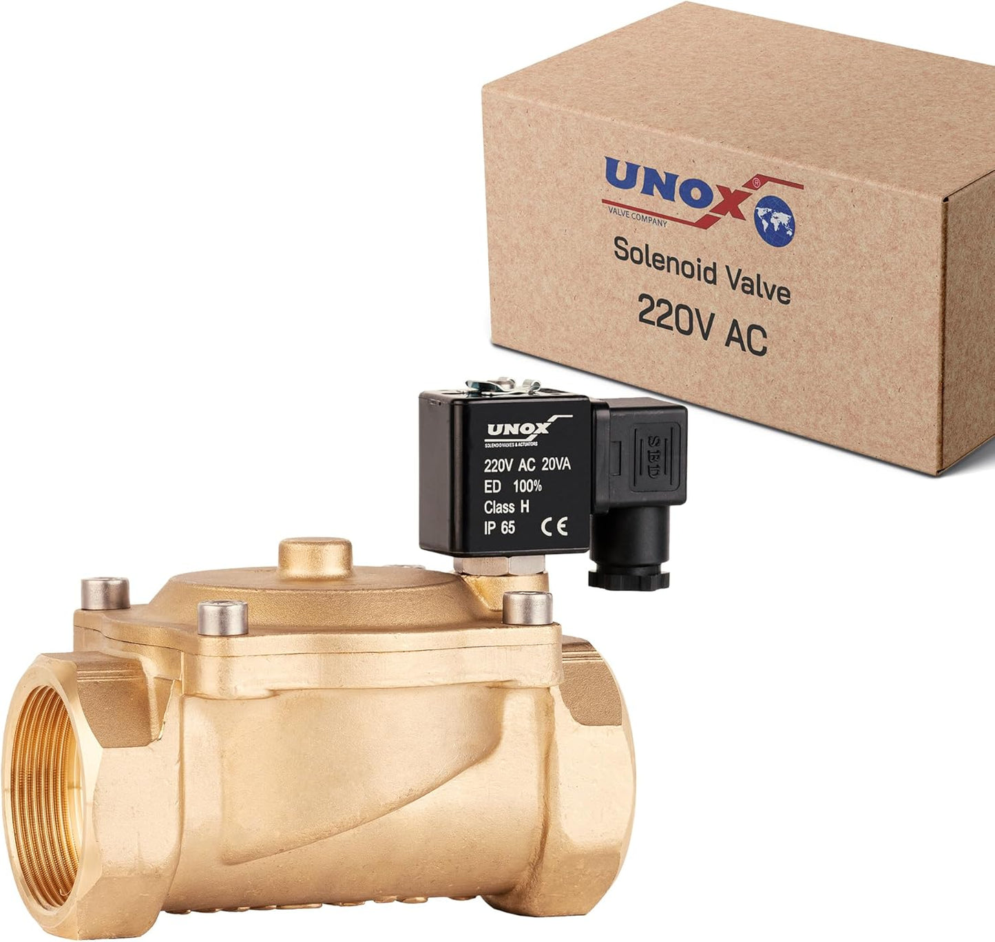 UNOX 1 1/2" NPT Solenoid Valve 220V AC, Brass Control Valve Normally Closed - 7-232 PSI Multi-Purpose Reliable Control Valve for Water, Air, and Gas - Solenoid Valves