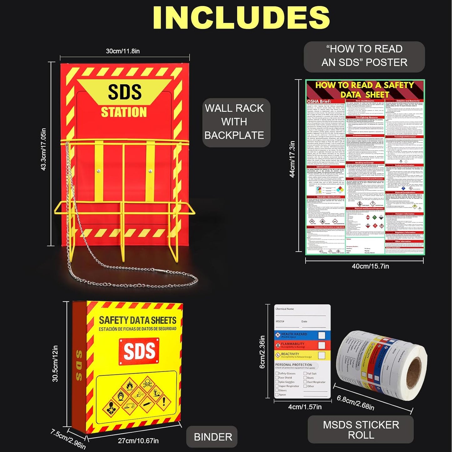MSDS Yellow Heavy Duty 3 Inch Material Safety Data Sheet 3 Ring Binder with SDS Wire Rack, Display Sign, Chain, Safety Posters, Labels, Wall Mount