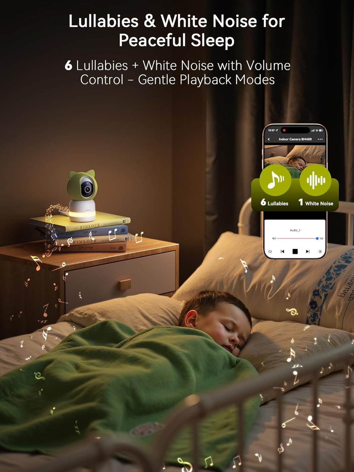 Outinput Baby Monitor with Camera and Audio, 2K 4MP Indoor Security Camera for Home, 360° PTZ, AI Crying & Feeding Alerts, Night Vision with Gentle Light, Soothing Lullabies, 2-Way Audio