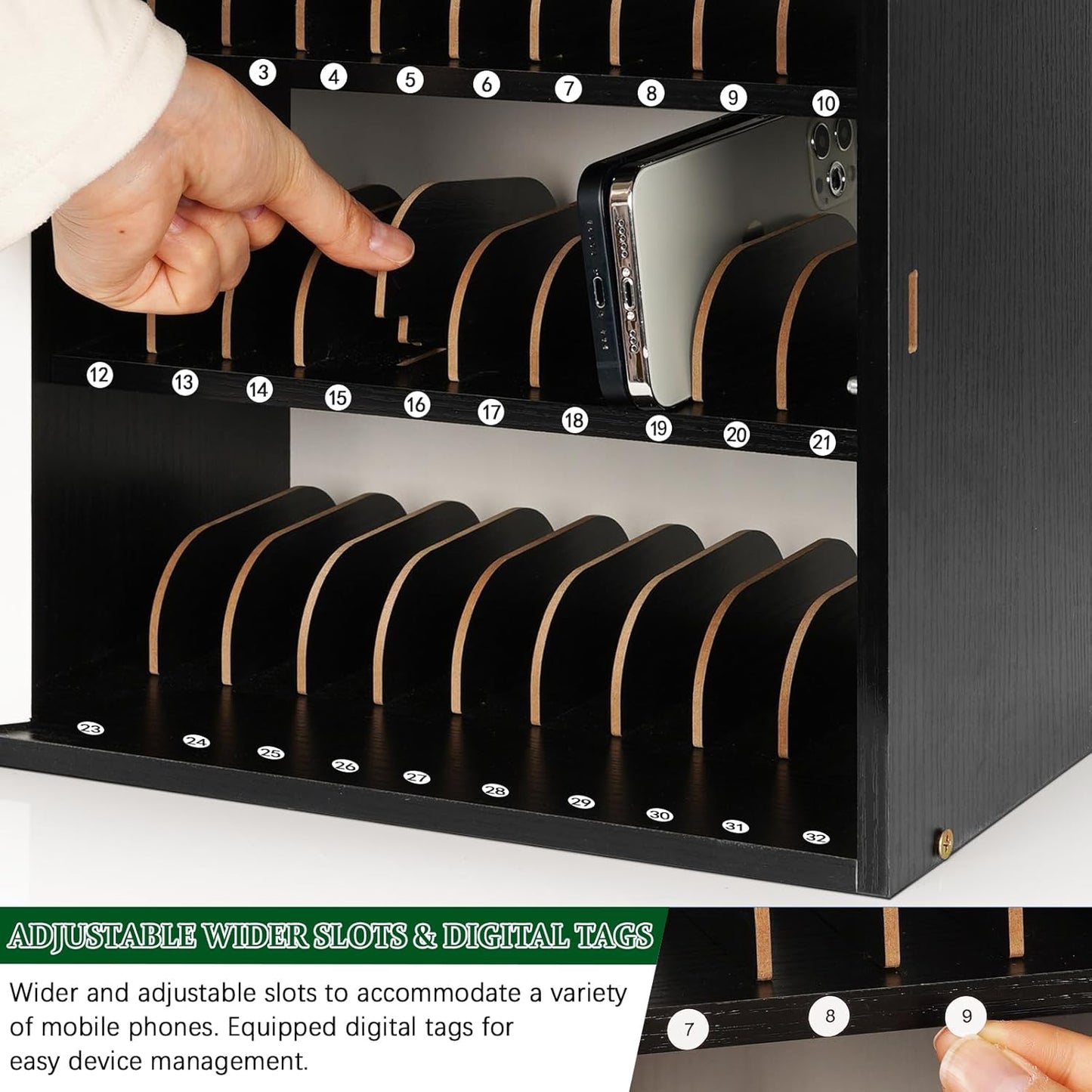 Echaprey Cell Phone Holder Classroom Adjustable 33 Slots Pocket Chart Wooden Cell Phone Storage Cabinet with Handle and Lock Desktop Cell Phone Holder for Classroom Office (Black)