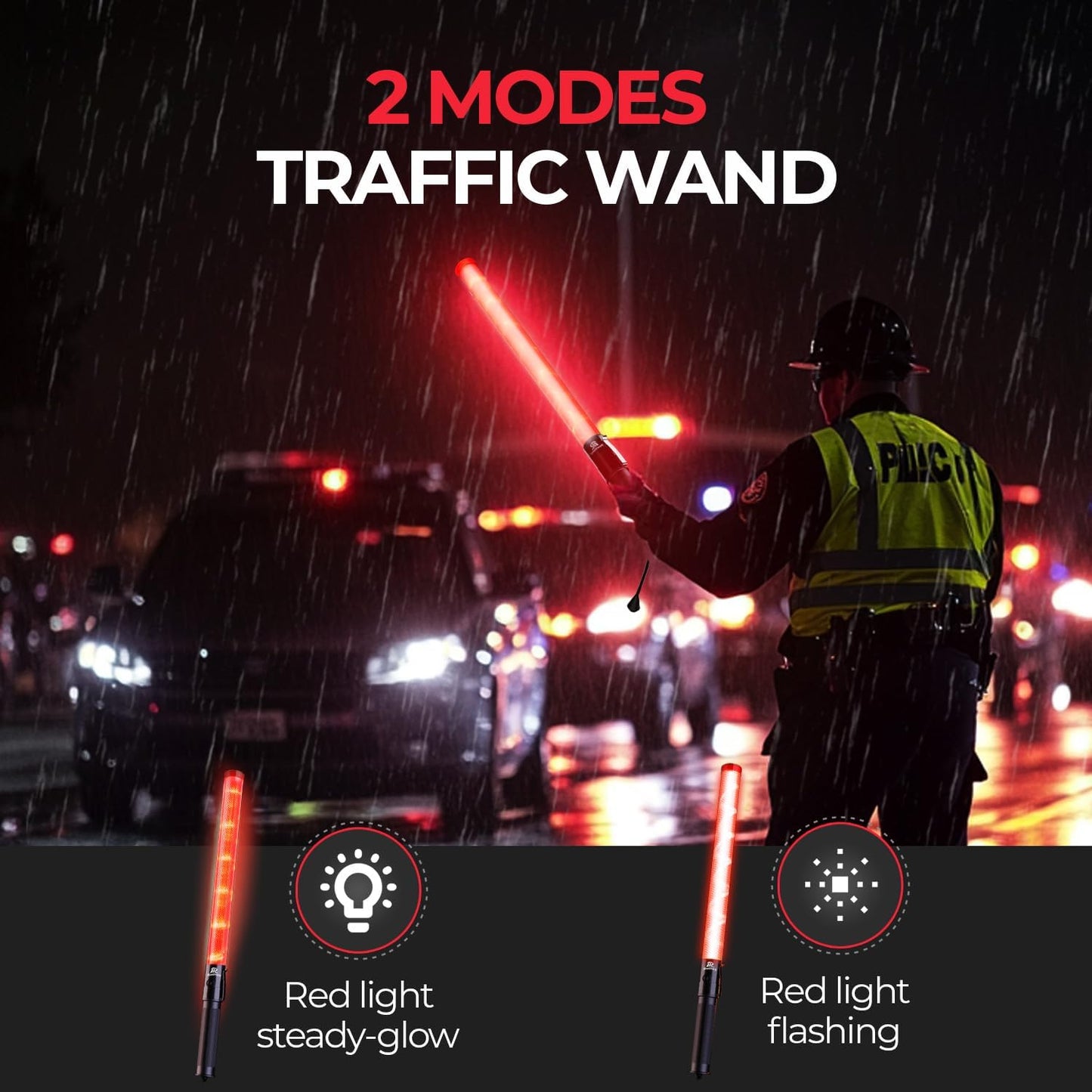 RoadHero 2 Pack Traffic Wand, 21 Inch Led Traffic Control Wands with 2 Flashing Modes, Safety Light Baton with Side Clip for Airport, Parking, Car Directing