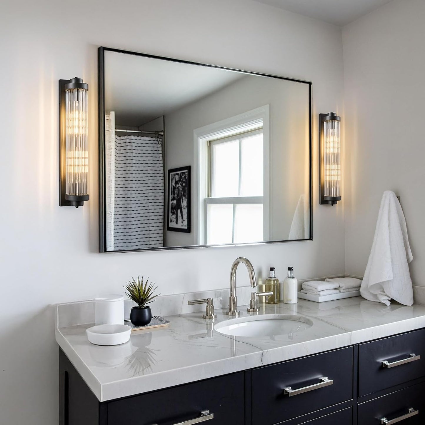 Black Wall Sconces Set of Two with Crystal Glass Strip Bathroom Sconces 2 Light E12 Base Modern Wall Lights for Bedroom Living Room Hallway Wall Light Fixtures