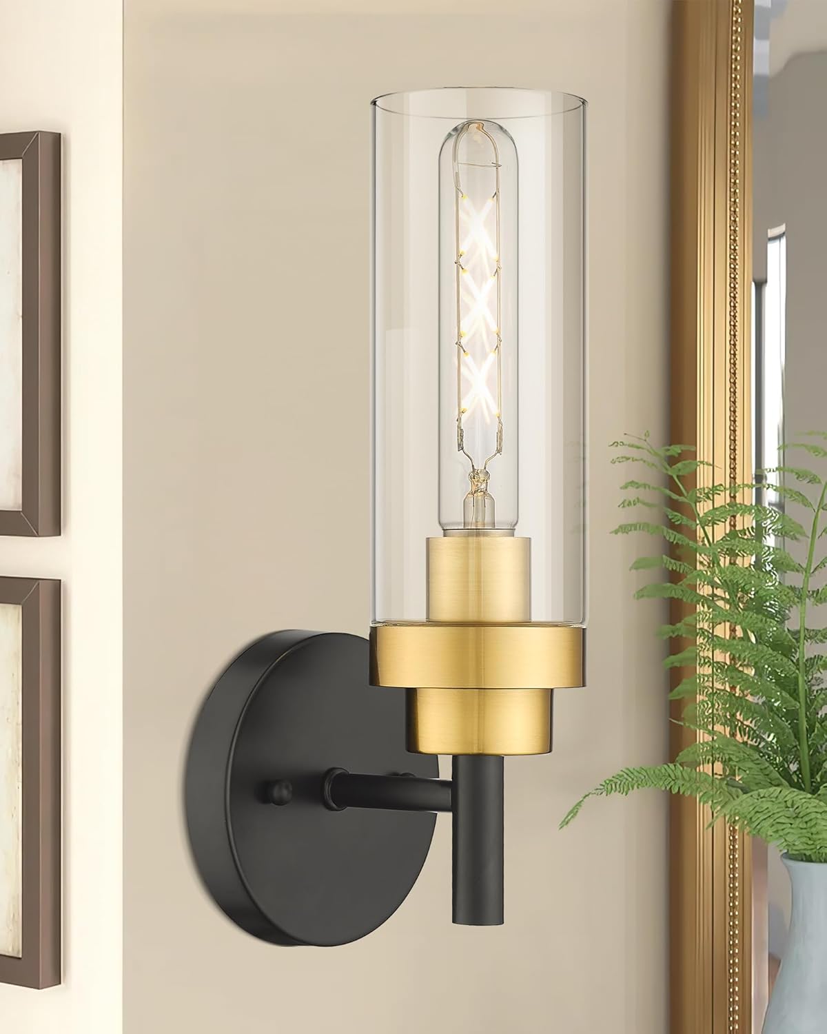 Emak Black and Gold Sconces Wall Lighting, Modern Vanity Lights with Clear Glass Shade, Wall Sconce for Bathroom, Bedroom, Living Room, Hallway, WS085-BKBGD